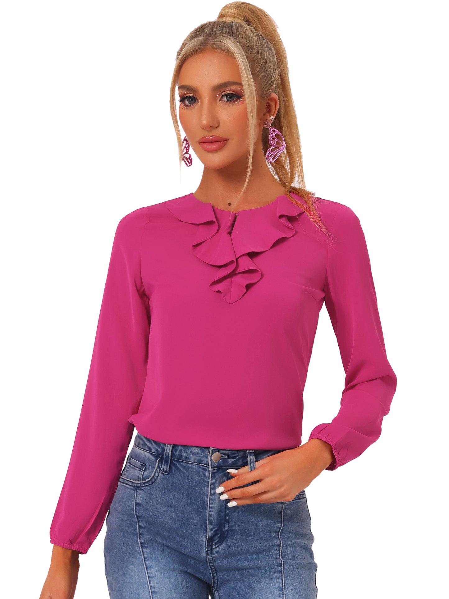 Women's Ruffle Neck Chiffon Top Long Sleeve Casual Office Blouse