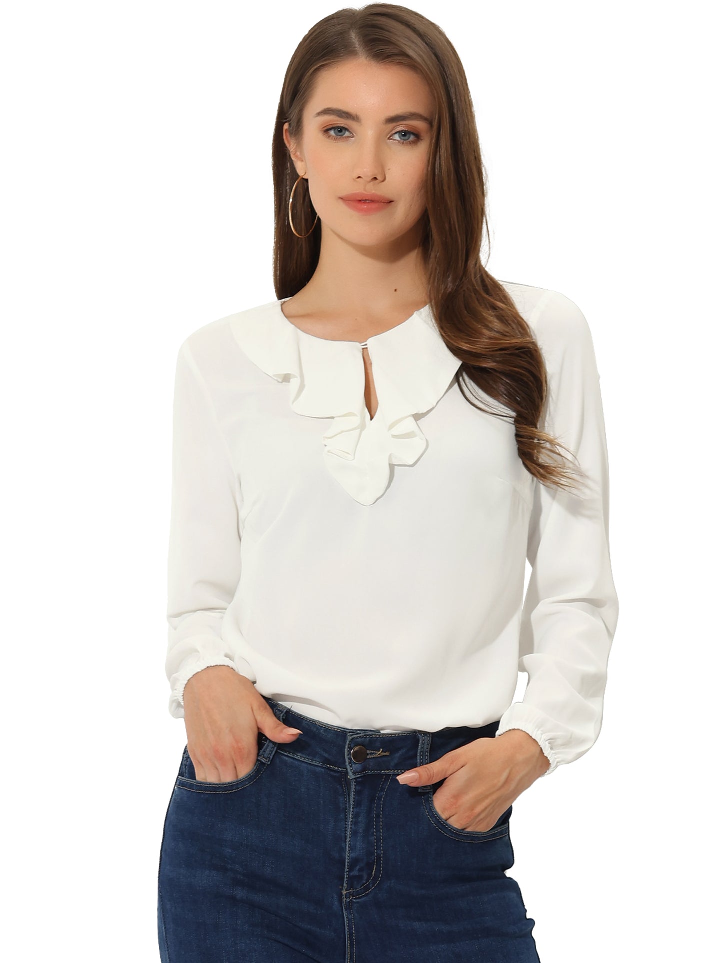 Women's Ruffle Neck Chiffon Top Long Sleeve Casual Office Blouse