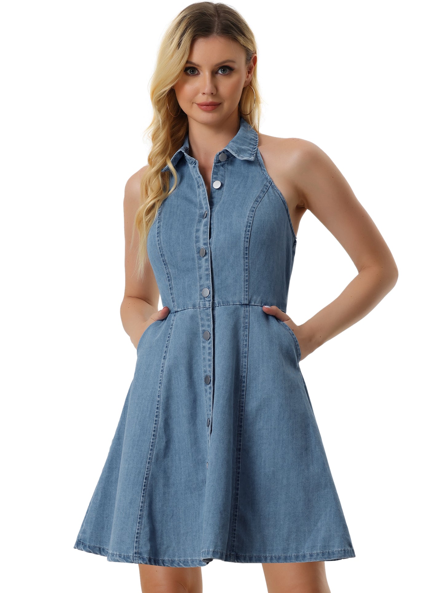Women's Button Down Sleeveless Halter Neck Jean Dress Lightweight Denim Dresses (Available in Plus Size)