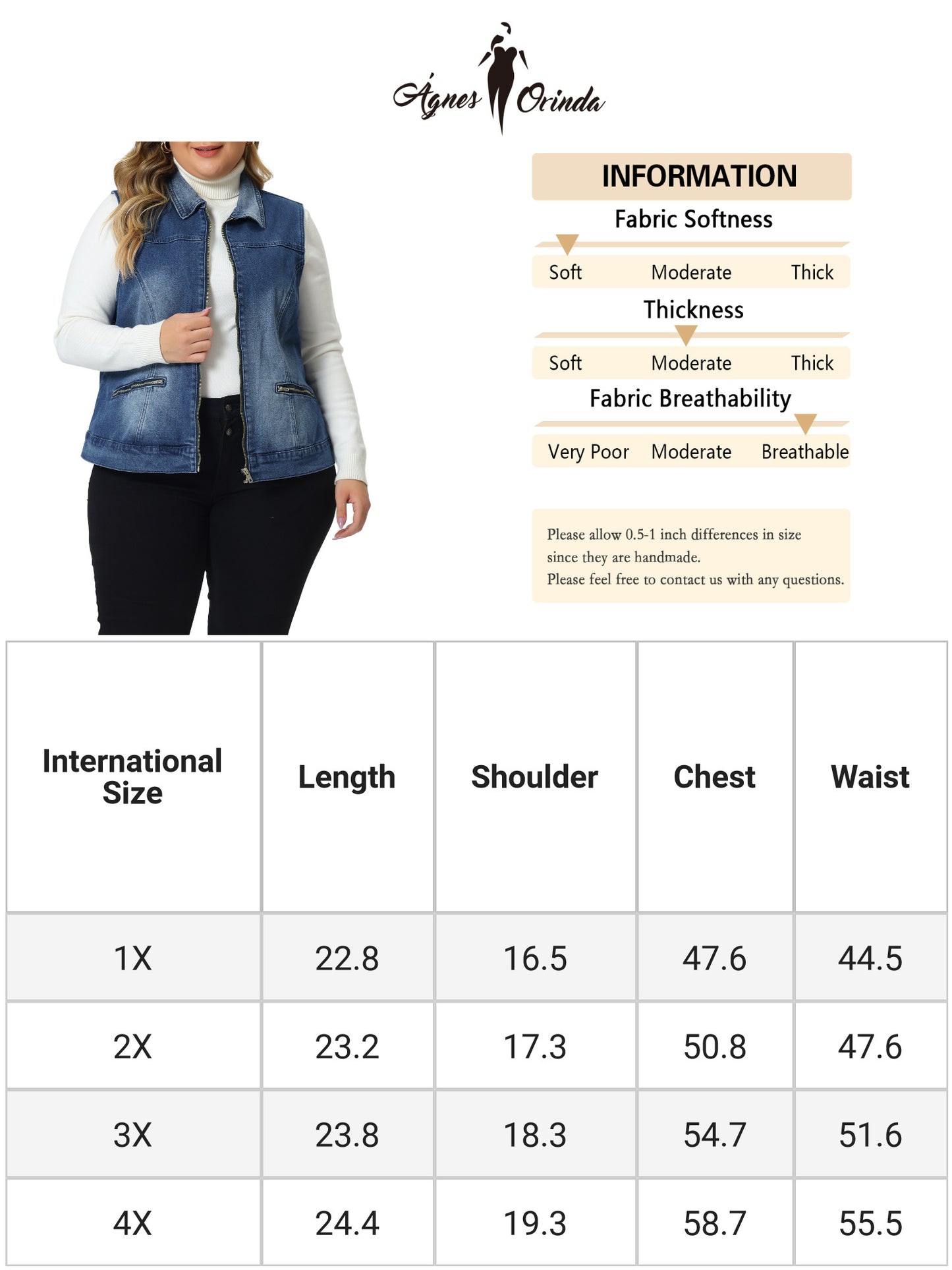 Women Plus Size Denim Vest Sleeveless Classic Washed Zip With Pockets Denim Jacket