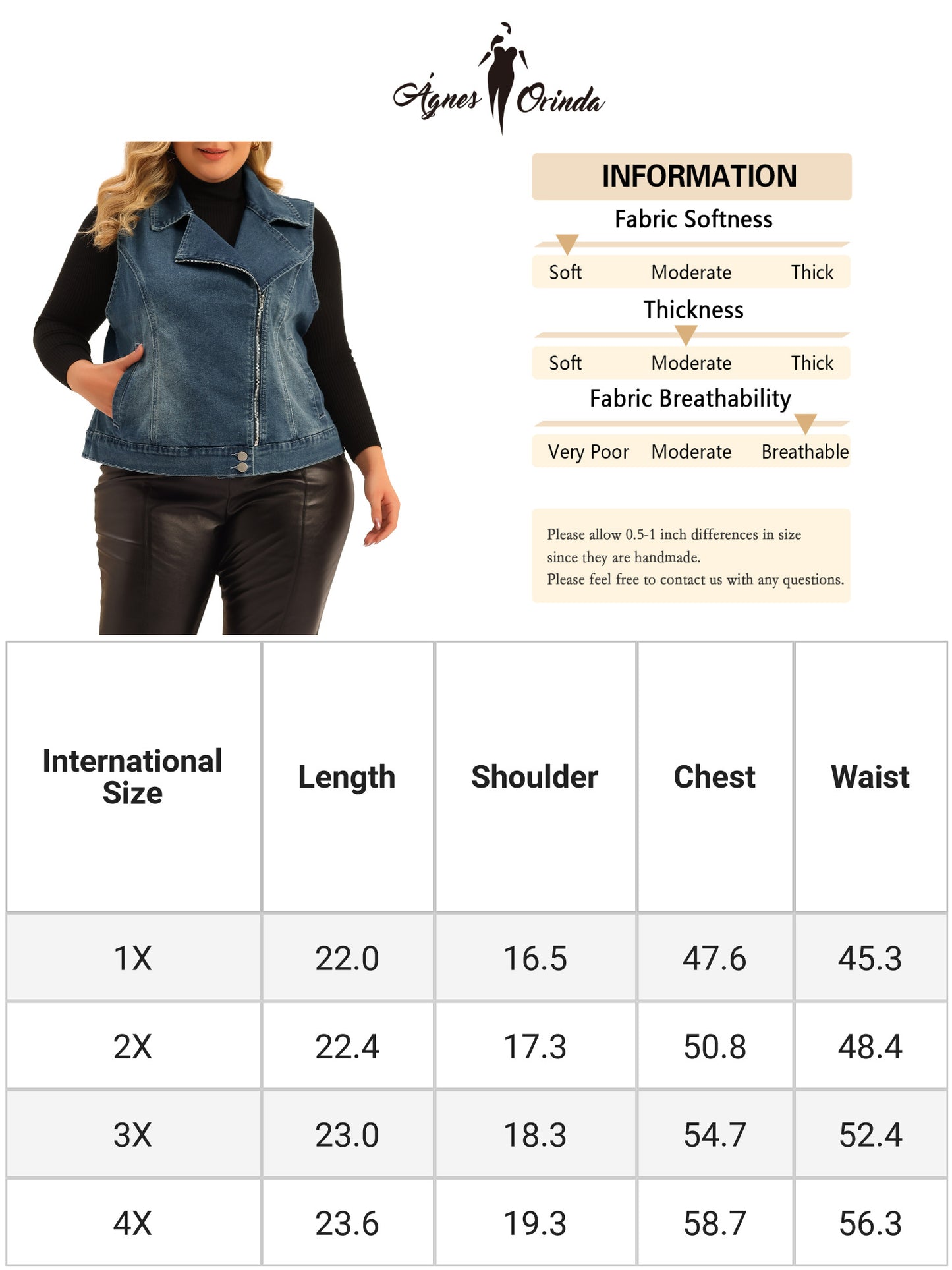 Chaleco vaquero de talla grande para mujer, con cremallera, sin mangas, lavado estilo motocicleta
