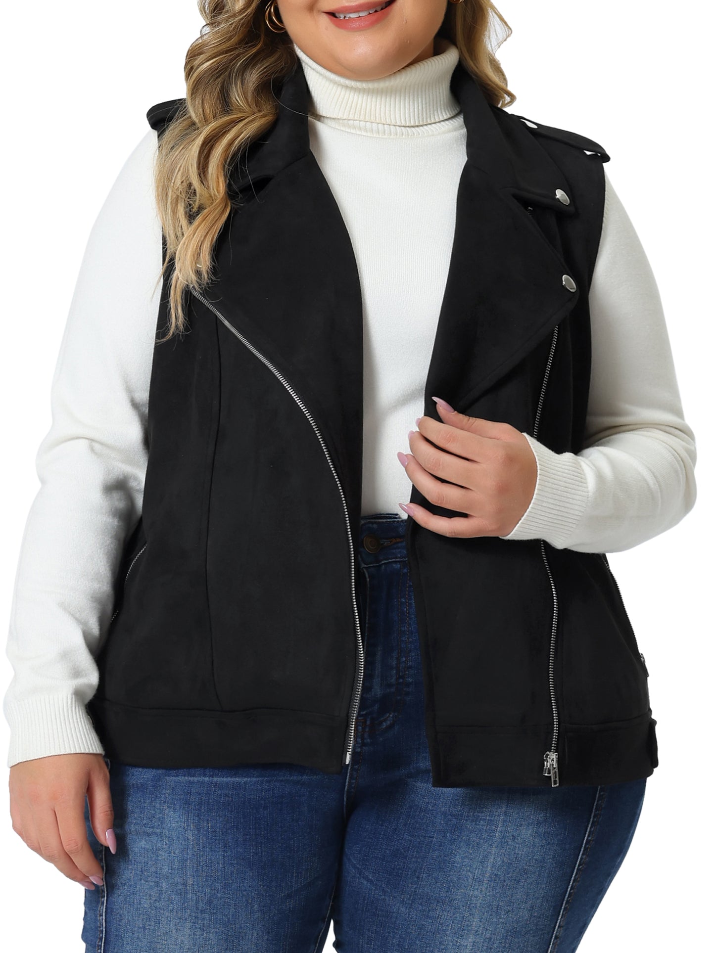 Women Plus Size Faux Suede Vest Utility Moto Biker Sleeveless Lapel Zipper Jacket Vest