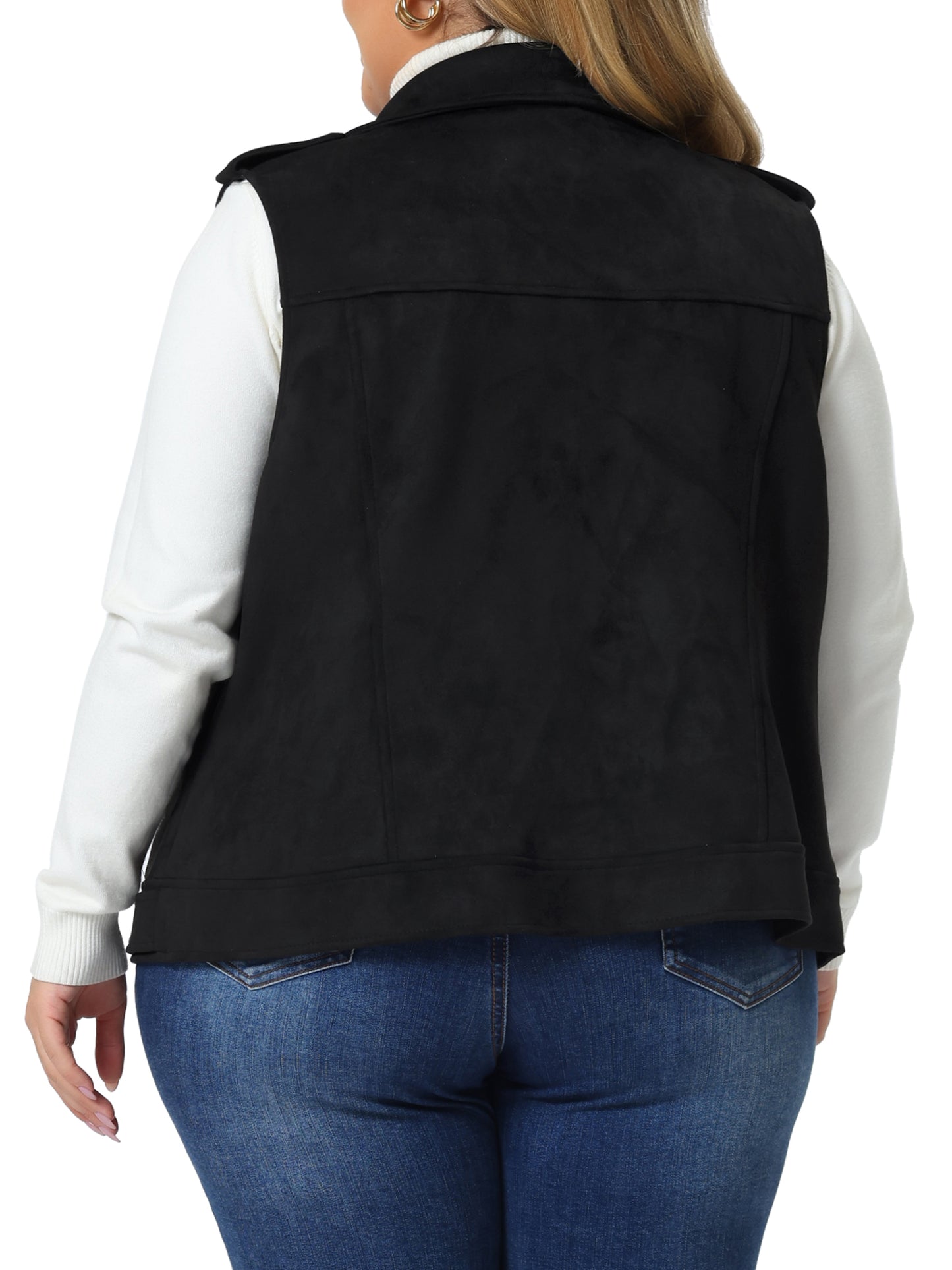 Women Plus Size Faux Suede Vest Utility Moto Biker Sleeveless Lapel Zipper Jacket Vest