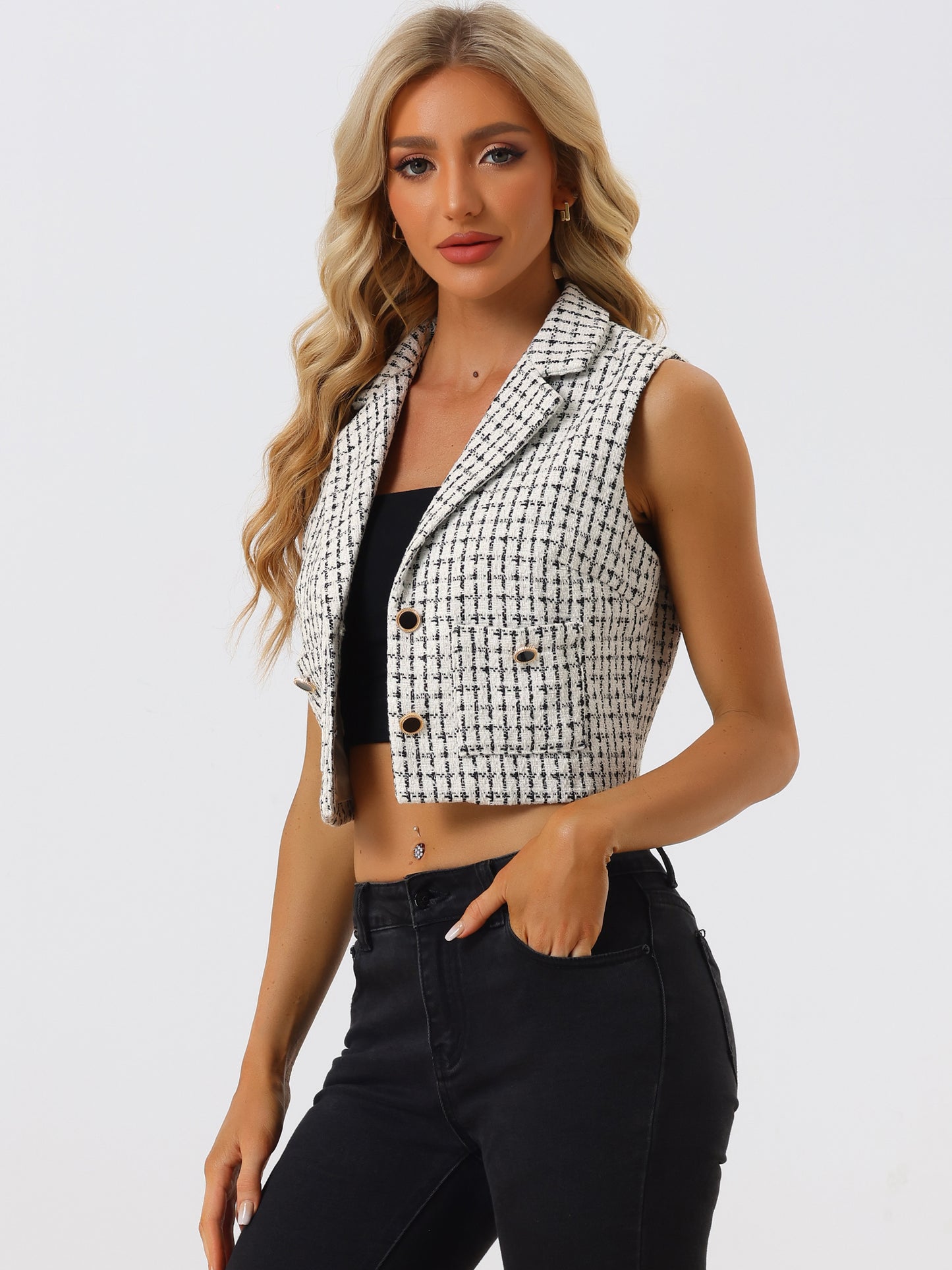 Women's Sleeveless Crop Waistcoat Button Plaid Tweed Vest