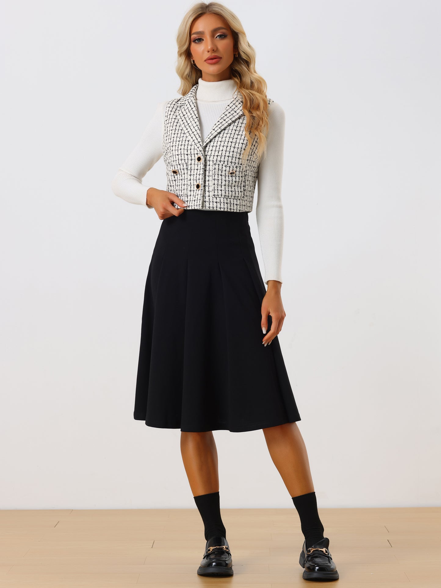 Women's Sleeveless Crop Waistcoat Button Plaid Tweed Vest