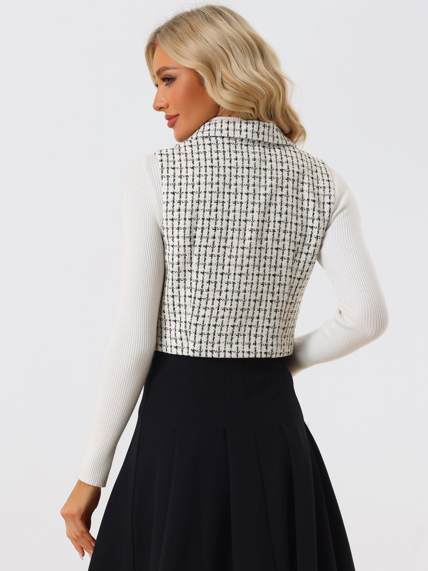 Women's Sleeveless Crop Waistcoat Button Plaid Tweed Vest