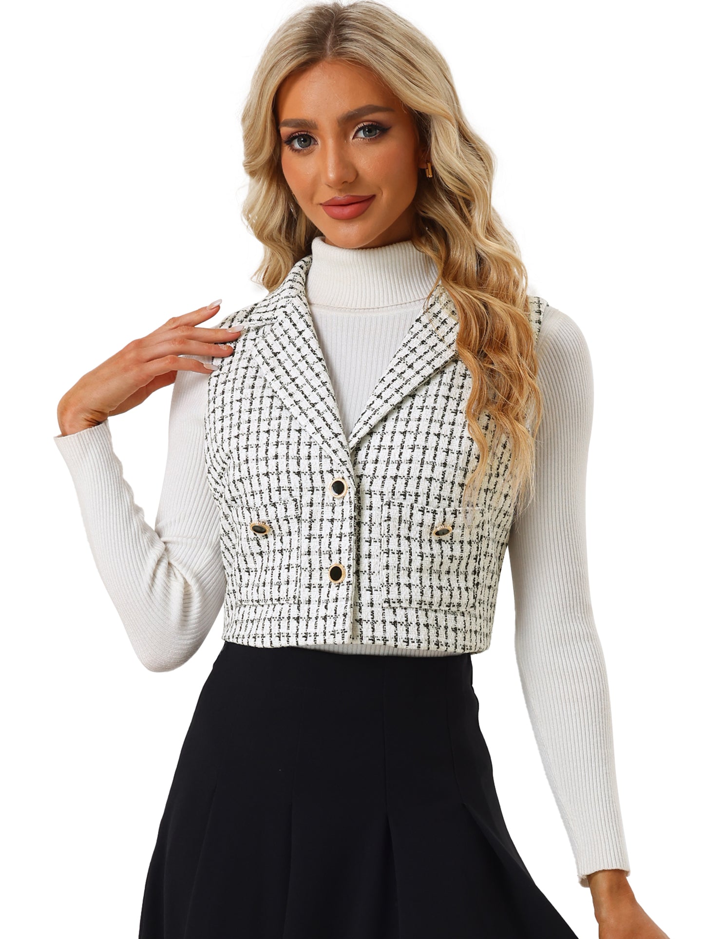 Women's Sleeveless Crop Waistcoat Button Plaid Tweed Vest