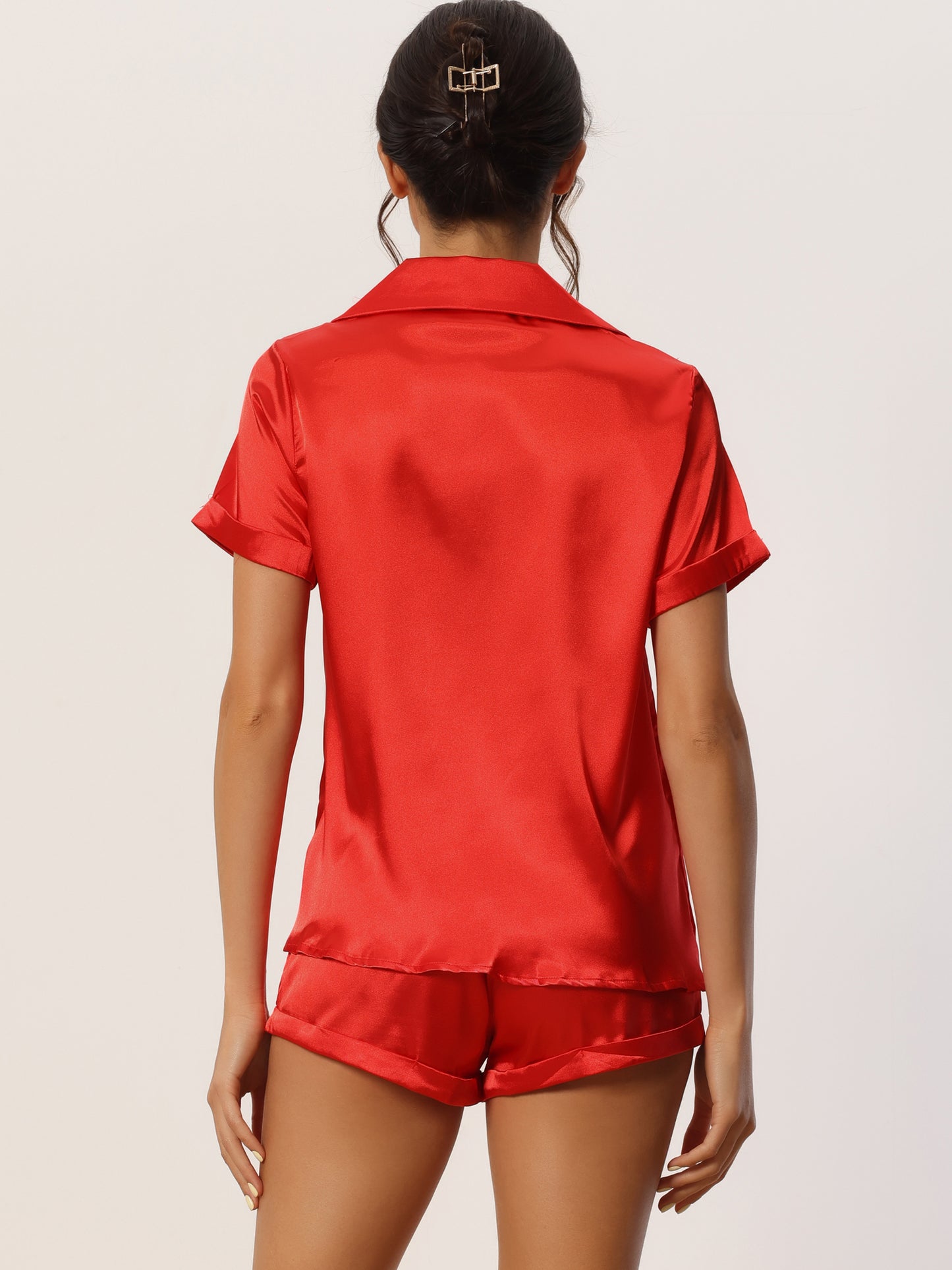 Women's Satin Pajama Set Button Short Sleeve Shirt and Shorts Loungwear Sleepwear