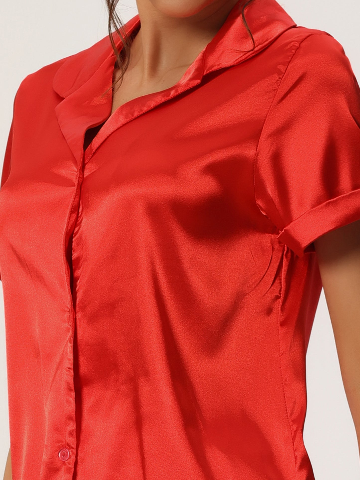 Women's Satin Pajama Set Button Short Sleeve Shirt and Shorts Loungwear Sleepwear