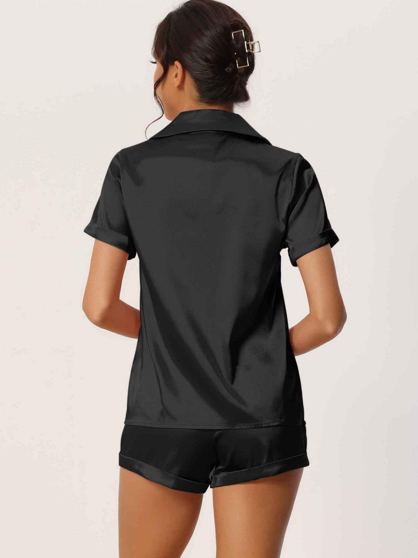 Women's Satin Pajama Set Button Short Sleeve Shirt and Shorts Loungwear Sleepwear