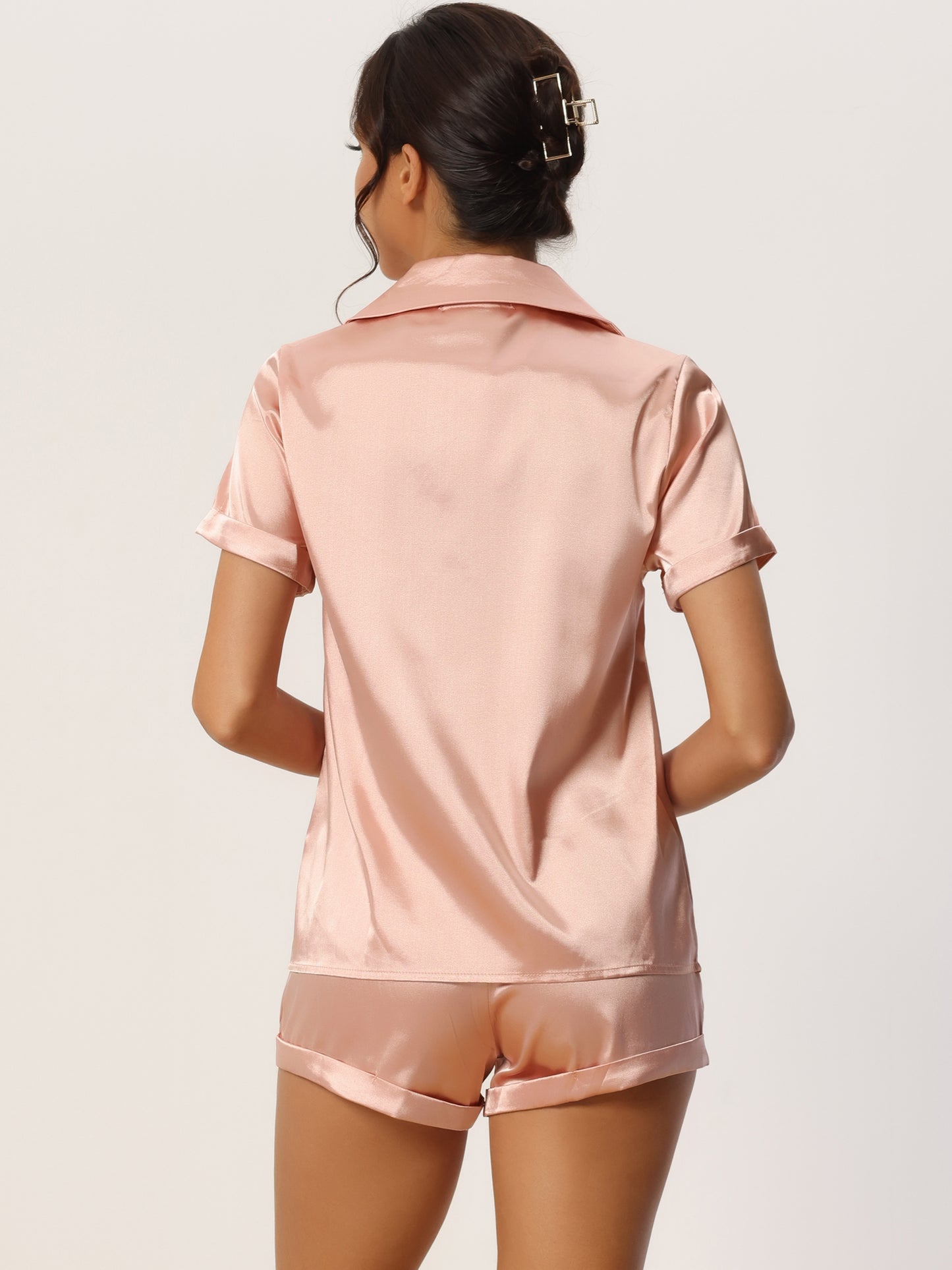 Women's Satin Pajama Set Button Short Sleeve Shirt and Shorts Loungwear Sleepwear