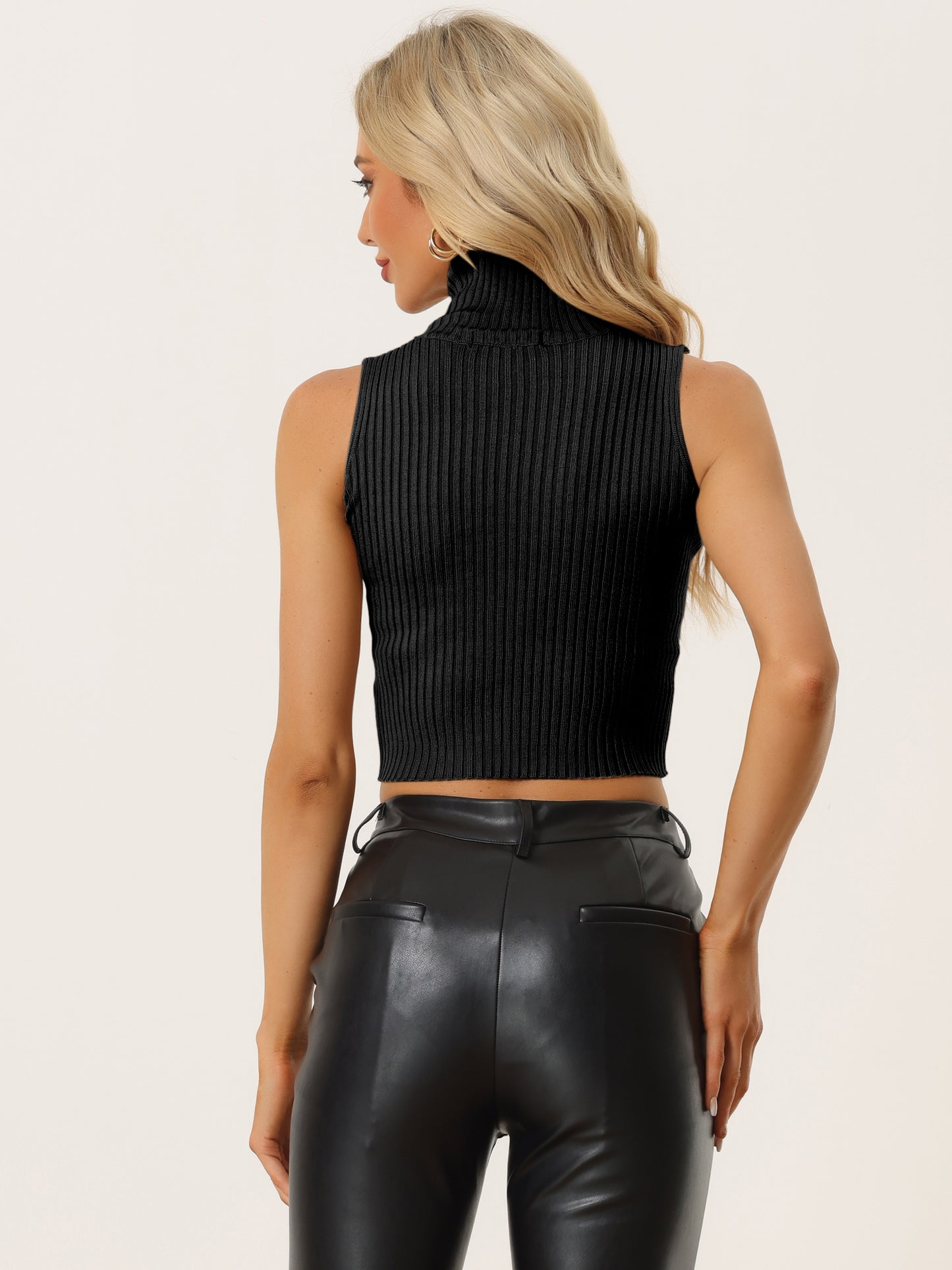 Women's Turtleneck Vest Ribbed Pullover Cutout Sleeveless Sweater Crop Top