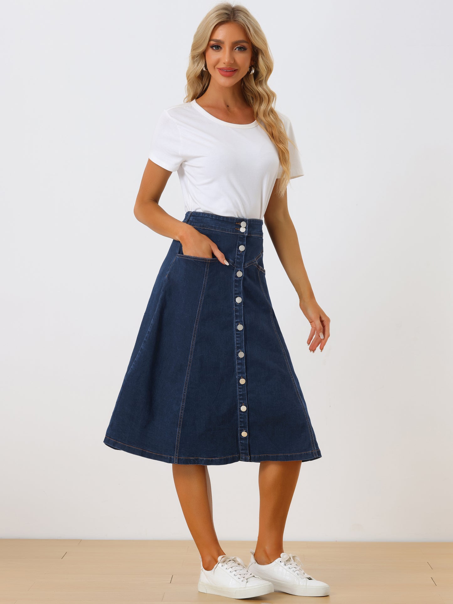 Womens' Summer Denim Skirt High Waist Buttons Front A-Line Flowy Midi Skirts with Pockets