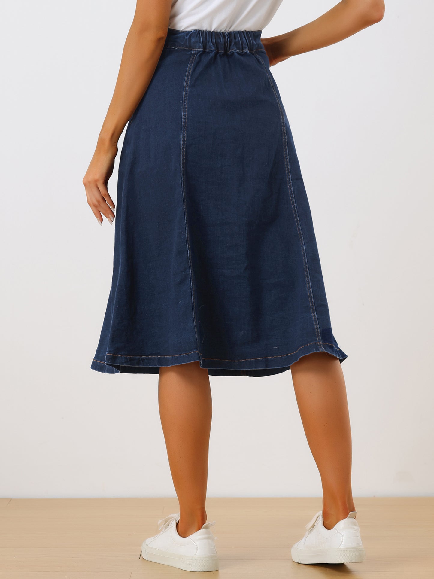 Womens' Summer Denim Skirt High Waist Buttons Front A-Line Flowy Midi Skirts with Pockets