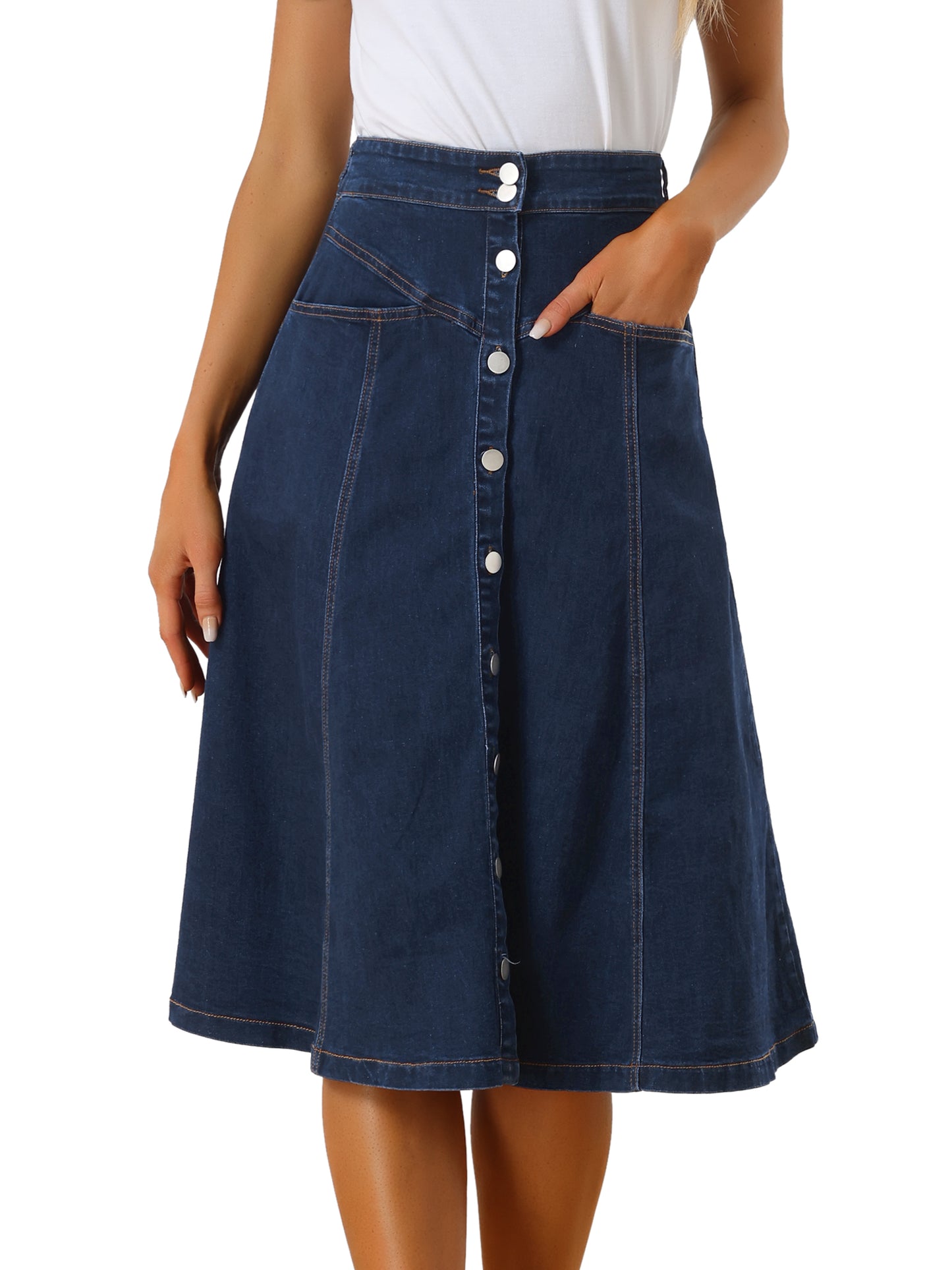 Womens' Summer Denim Skirt High Waist Buttons Front A-Line Flowy Midi Skirts with Pockets