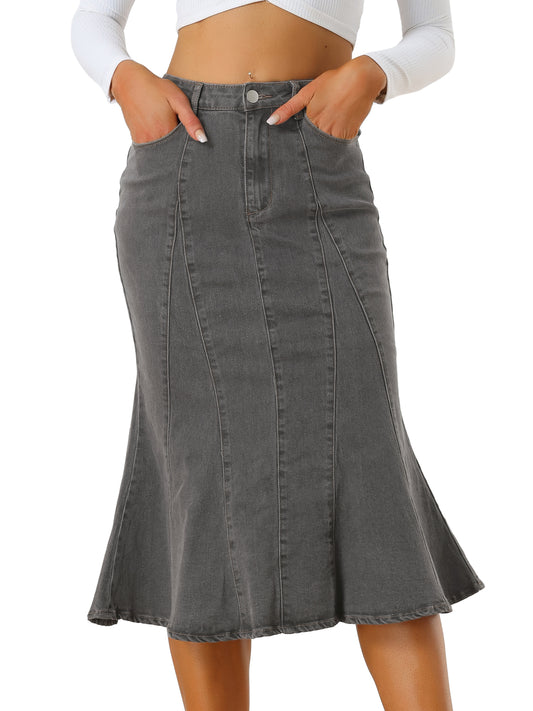Women's Denim Jean Skirt Midi Bodycon High Waist Ruffle Fishtail Skirt