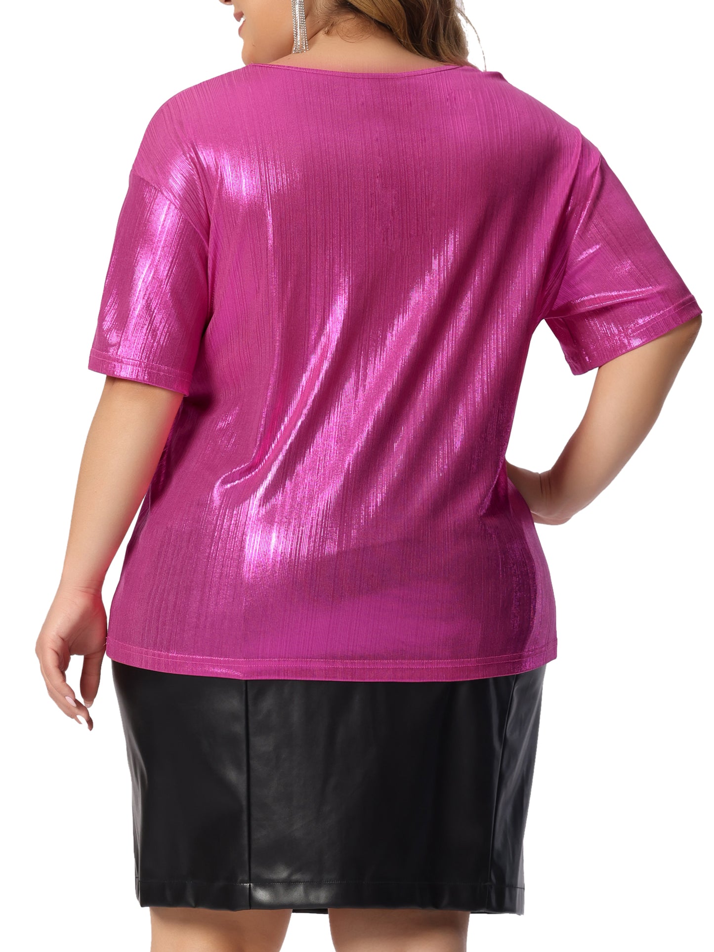 Women Plus Size Top Metallic Round Neck Short Sleeve T-Shirt Party Tee Top