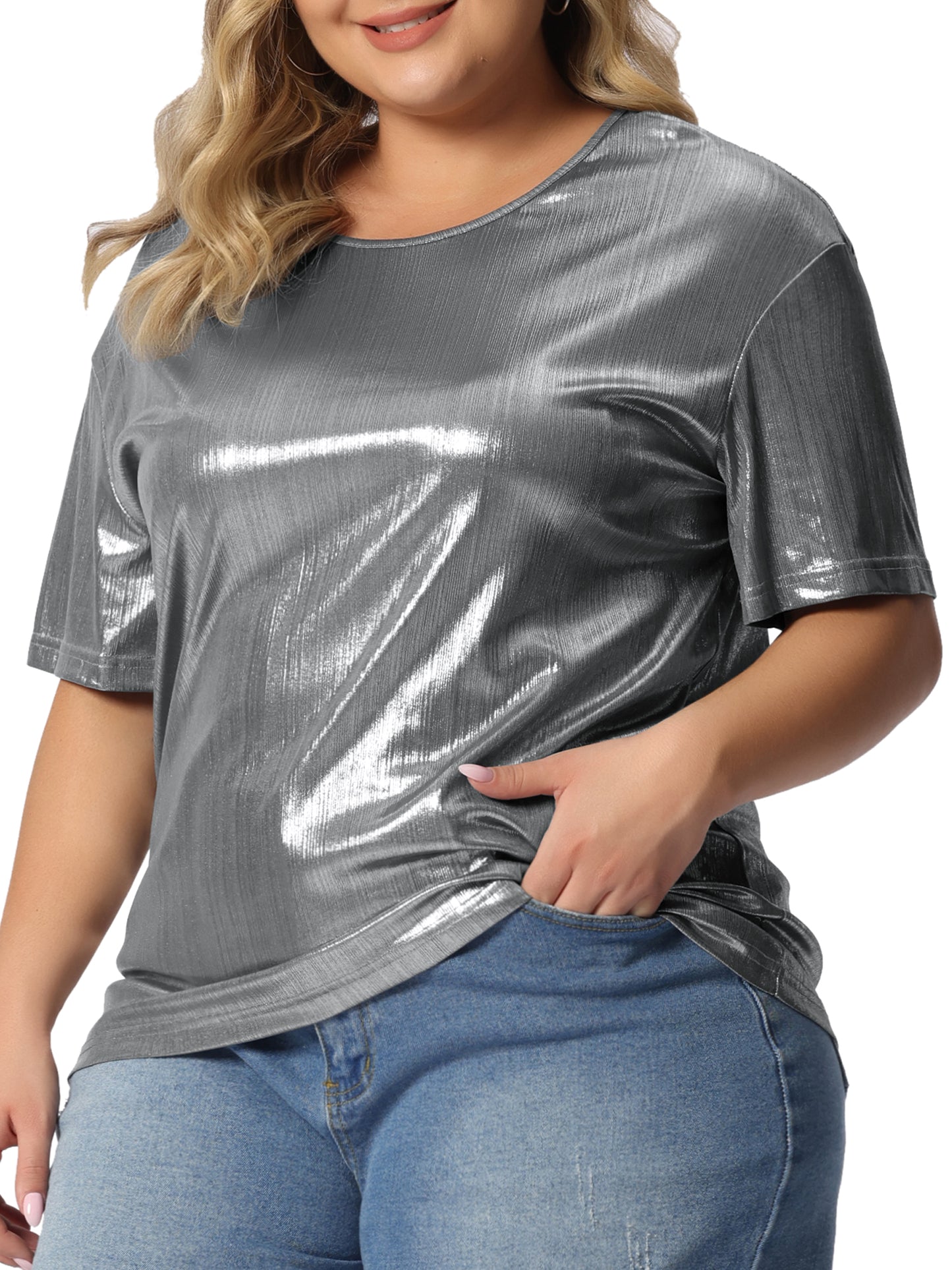 Women Plus Size Top Metallic Round Neck Short Sleeve T-Shirt Party Tee Top