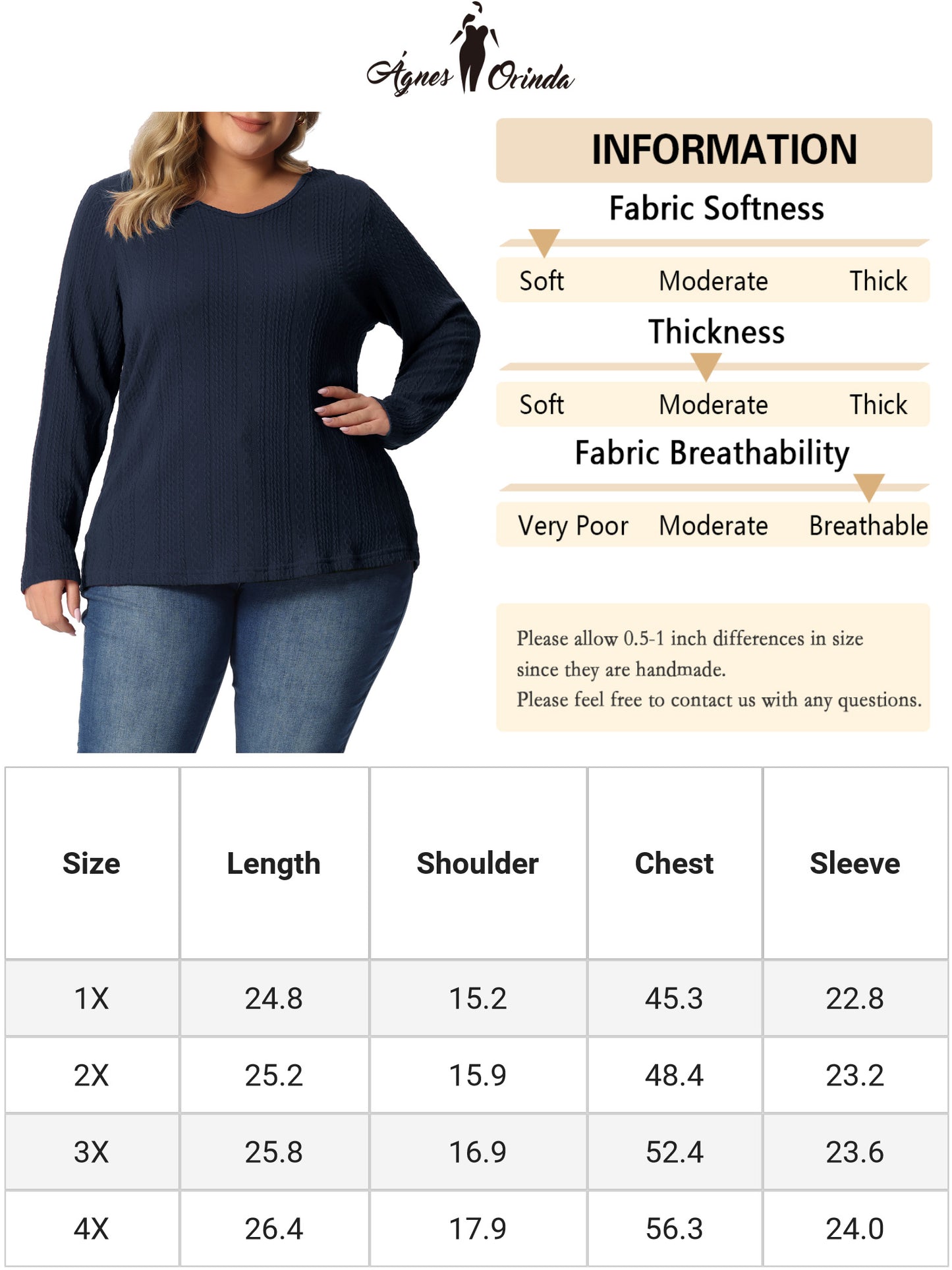 Camiseta básica de punto con cuello en V y manga larga para mujer, talla grande