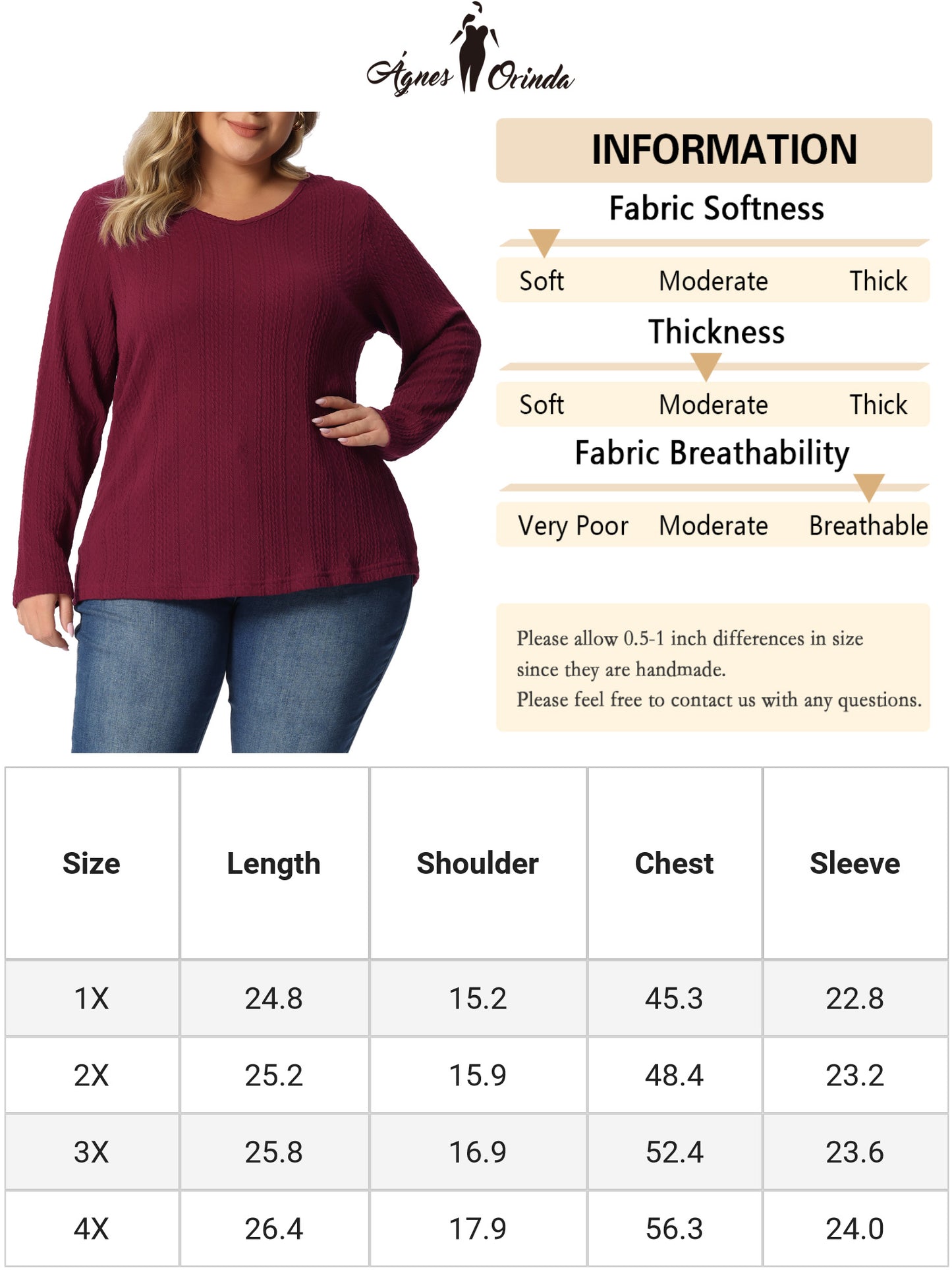Camiseta básica de punto con cuello en V y manga larga para mujer, talla grande