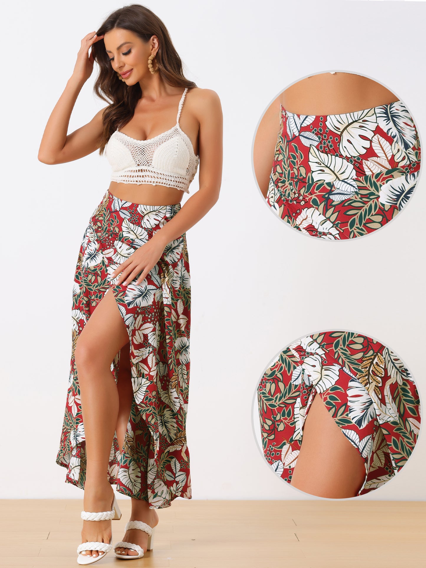 Women's Tropical Smocked Waist High Low Flowy Maxi Skirt