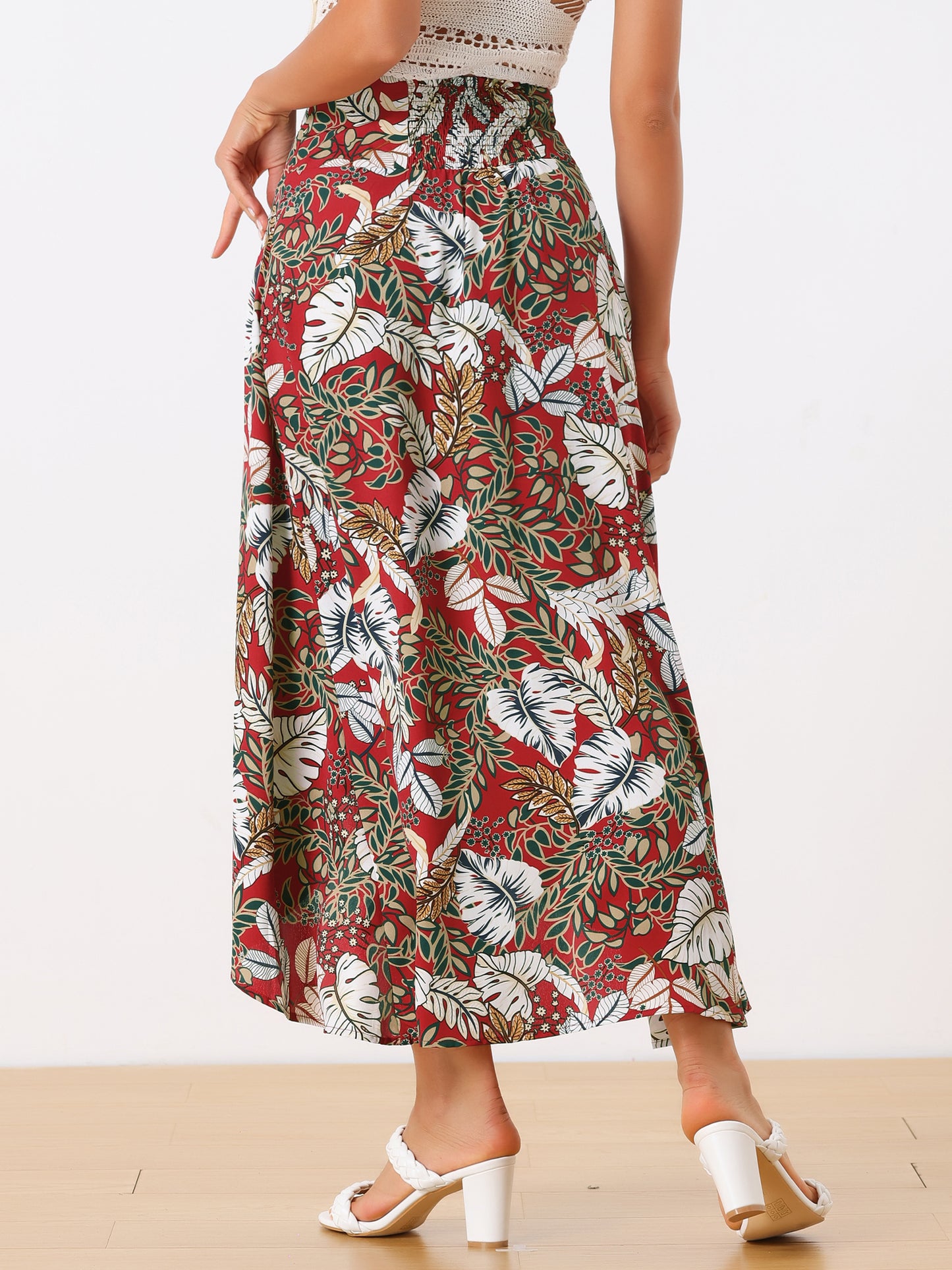Women's Tropical Smocked Waist High Low Flowy Maxi Skirt
