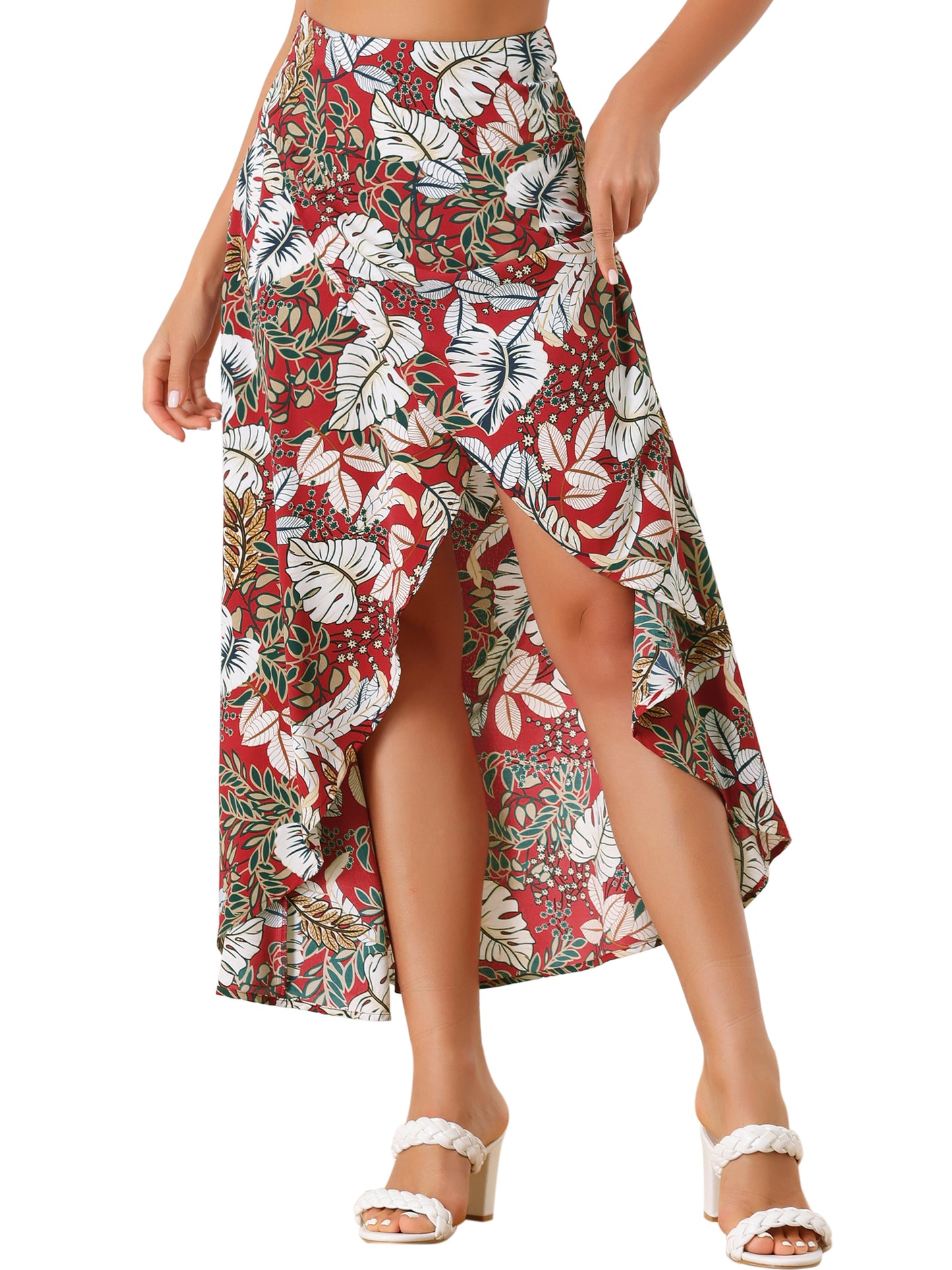 Women's Tropical Smocked Waist High Low Flowy Maxi Skirt