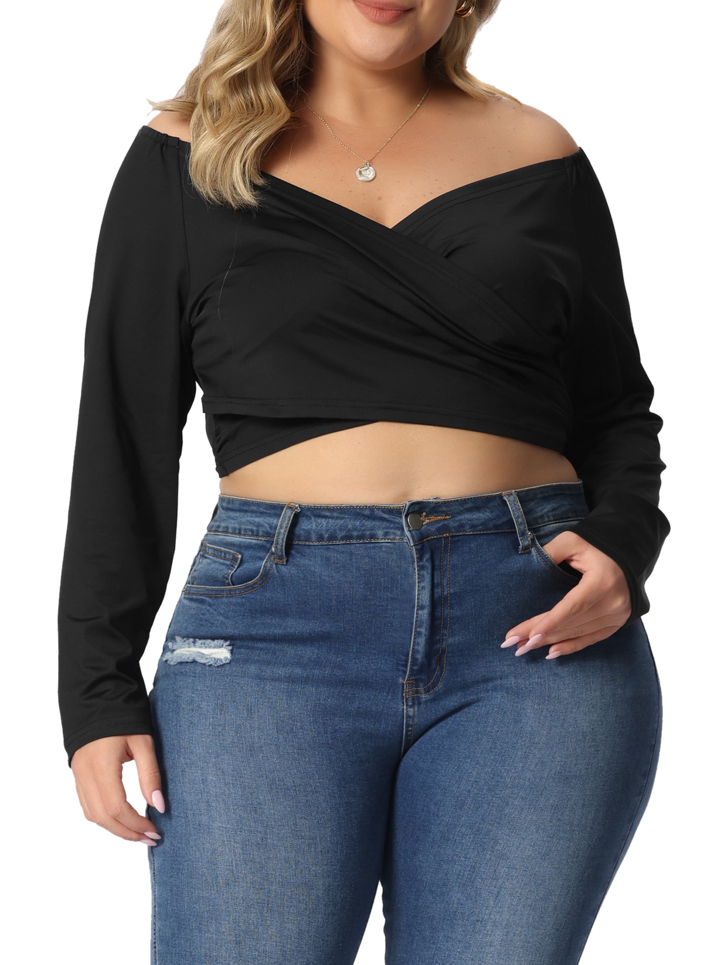Women Plus Size Off Shoulder Top Long Sleeve Cross Wrap V Neck Casual Crop Top