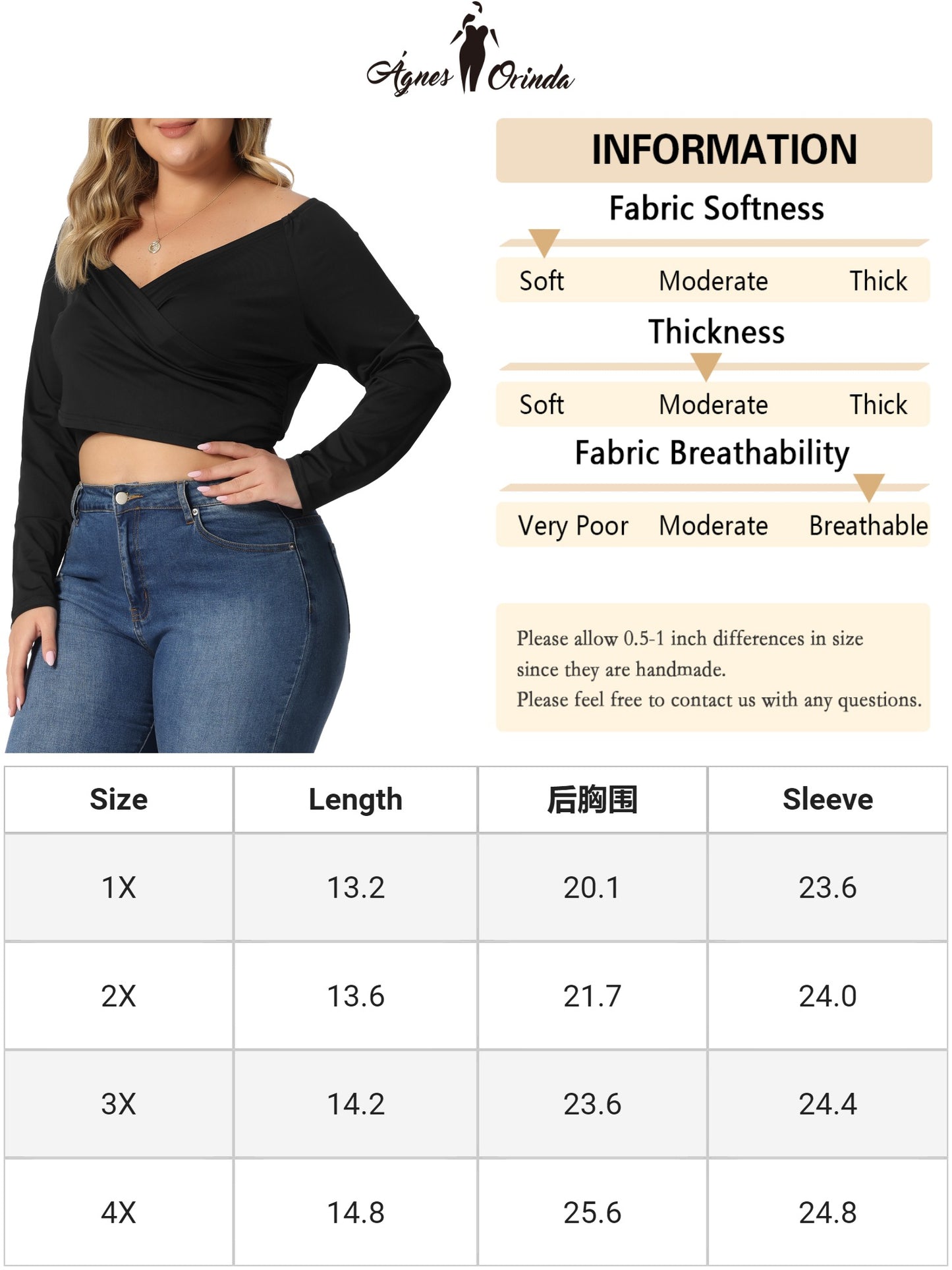 Women Plus Size Off Shoulder Top Long Sleeve Cross Wrap V Neck Casual Crop Top