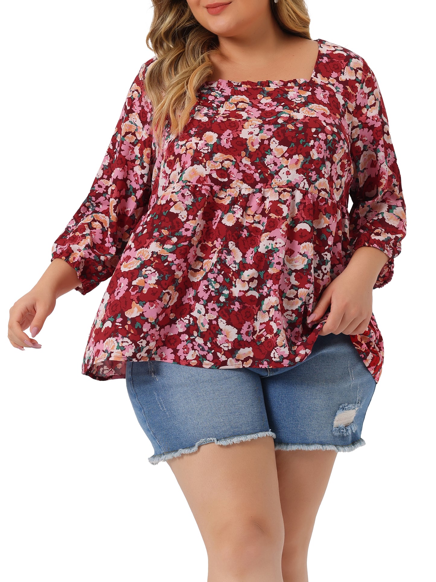 Women Plus Size Blouse 3/4 Sleeve Floral Peplum Babydoll Top
