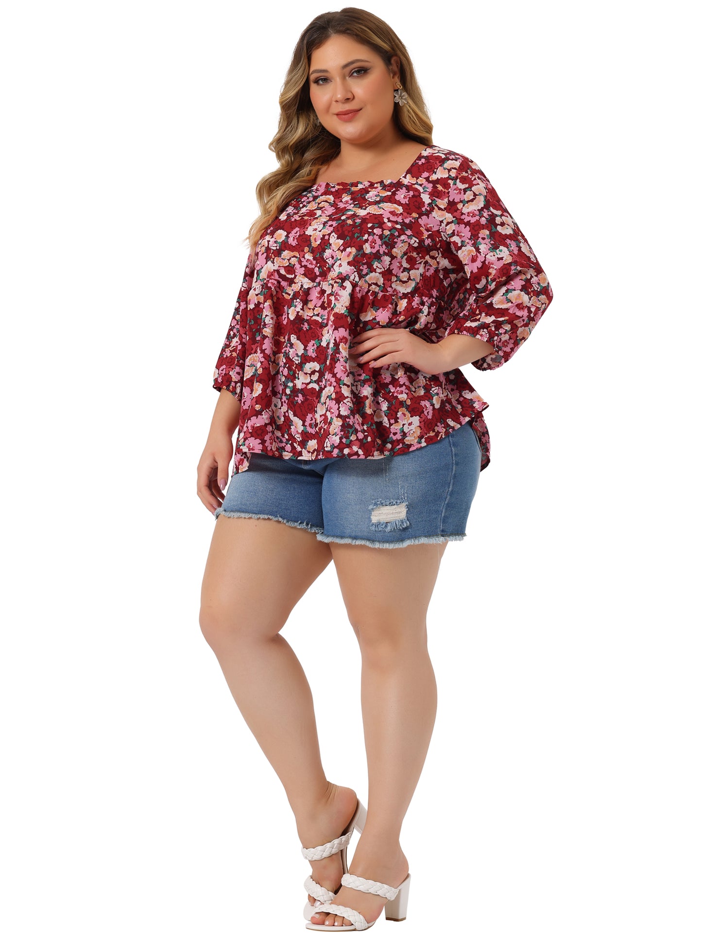 Women Plus Size Blouse 3/4 Sleeve Floral Peplum Babydoll Top