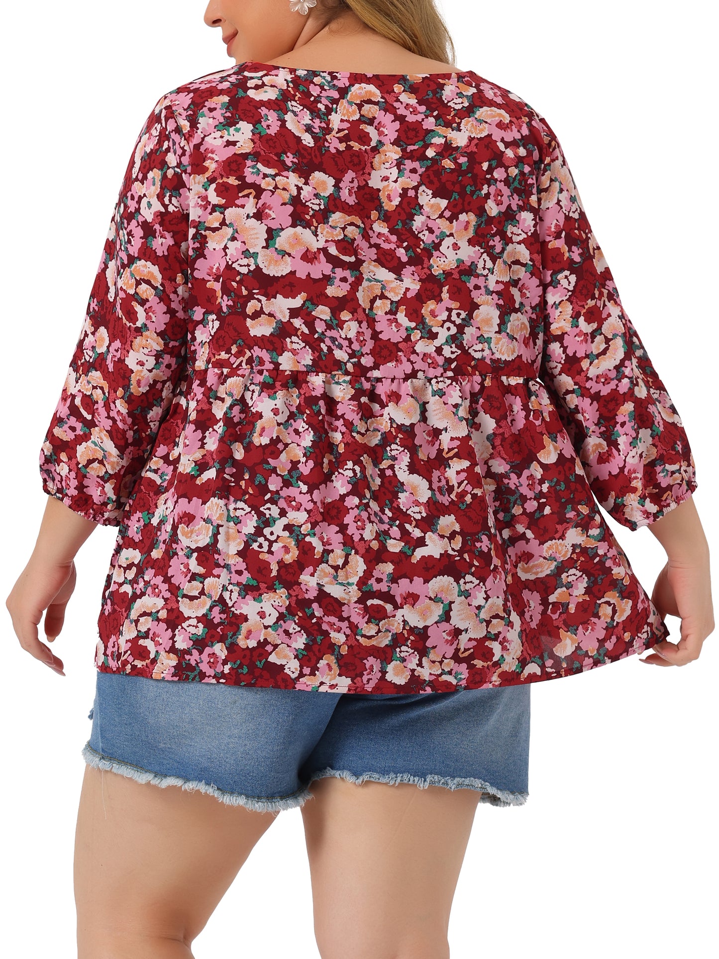 Women Plus Size Blouse 3/4 Sleeve Floral Peplum Babydoll Top