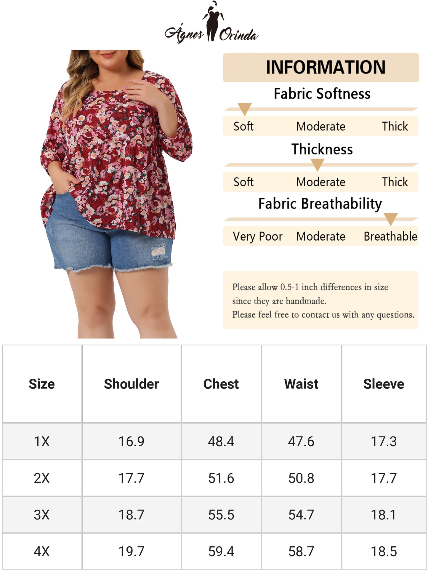 Women Plus Size Blouse 3/4 Sleeve Floral Peplum Babydoll Top