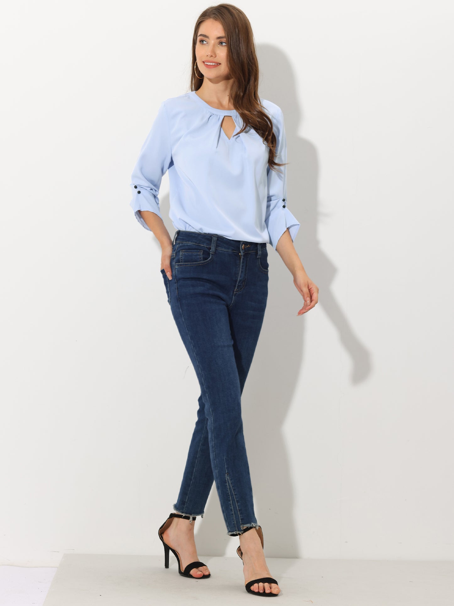 Women's Dressy Work Office Keyhole Pleated Front Ruched 3/4 Sleeve Chiffon Shirt