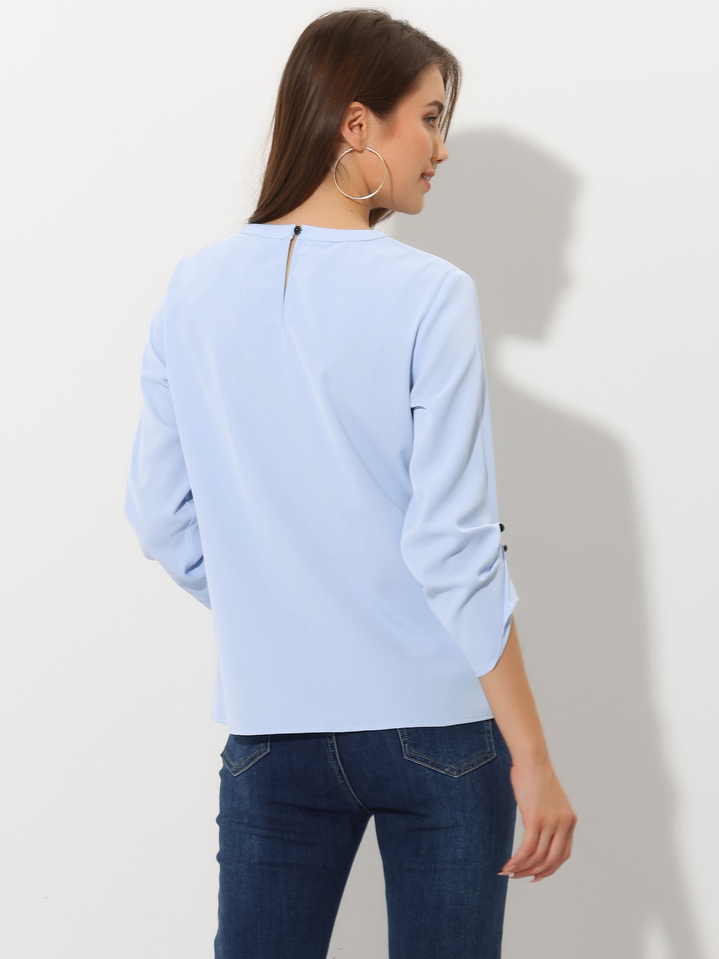 Women's Dressy Work Office Keyhole Pleated Front Ruched 3/4 Sleeve Chiffon Shirt