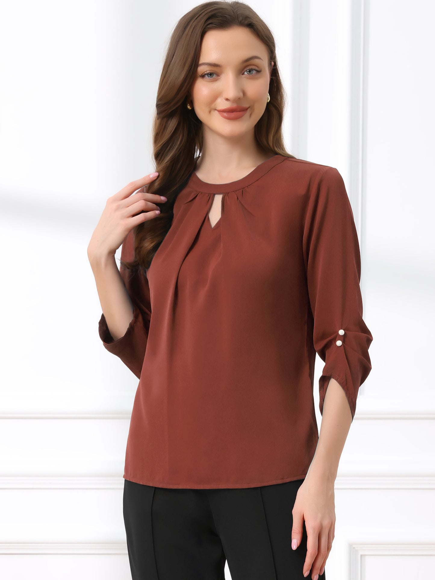 Women's Dressy Work Office Keyhole Pleated Front Ruched 3/4 Sleeve Chiffon Shirt