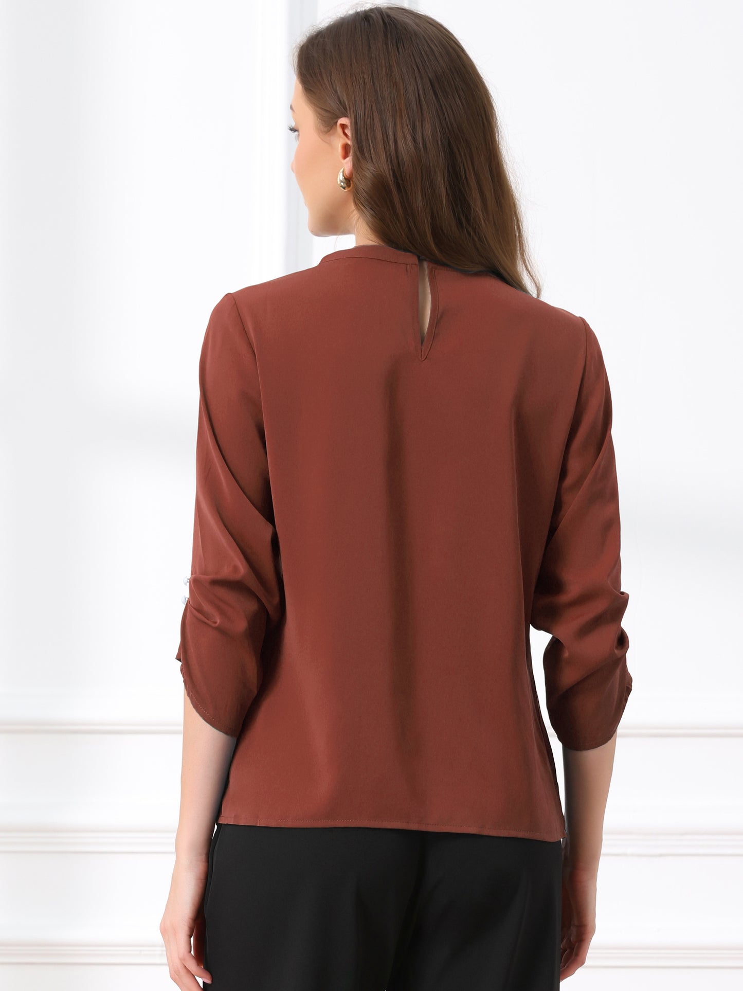 Women's Dressy Work Office Keyhole Pleated Front Ruched 3/4 Sleeve Chiffon Shirt