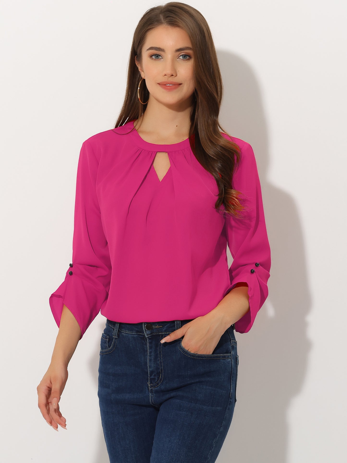Women's Dressy Work Office Keyhole Pleated Front Ruched 3/4 Sleeve Chiffon Shirt