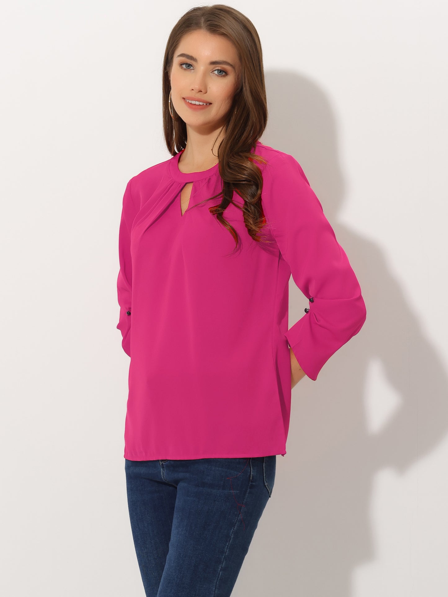 Women's Dressy Work Office Keyhole Pleated Front Ruched 3/4 Sleeve Chiffon Shirt