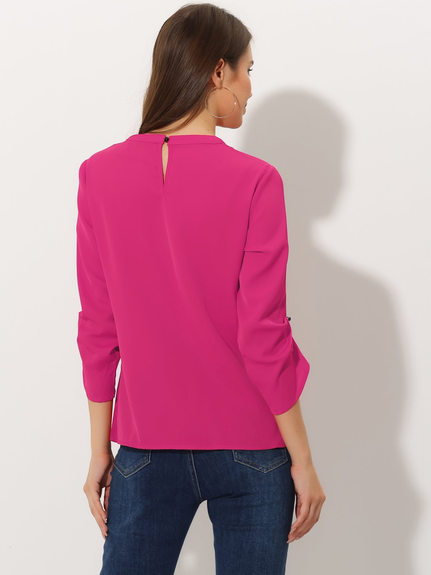 Women's Dressy Work Office Keyhole Pleated Front Ruched 3/4 Sleeve Chiffon Shirt