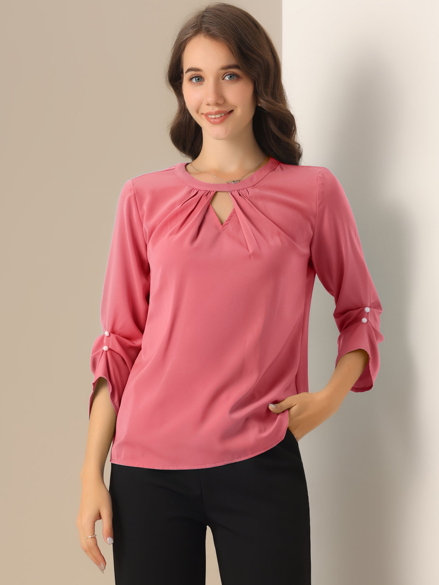 Women's Dressy Work Office Keyhole Pleated Front Ruched 3/4 Sleeve Chiffon Shirt
