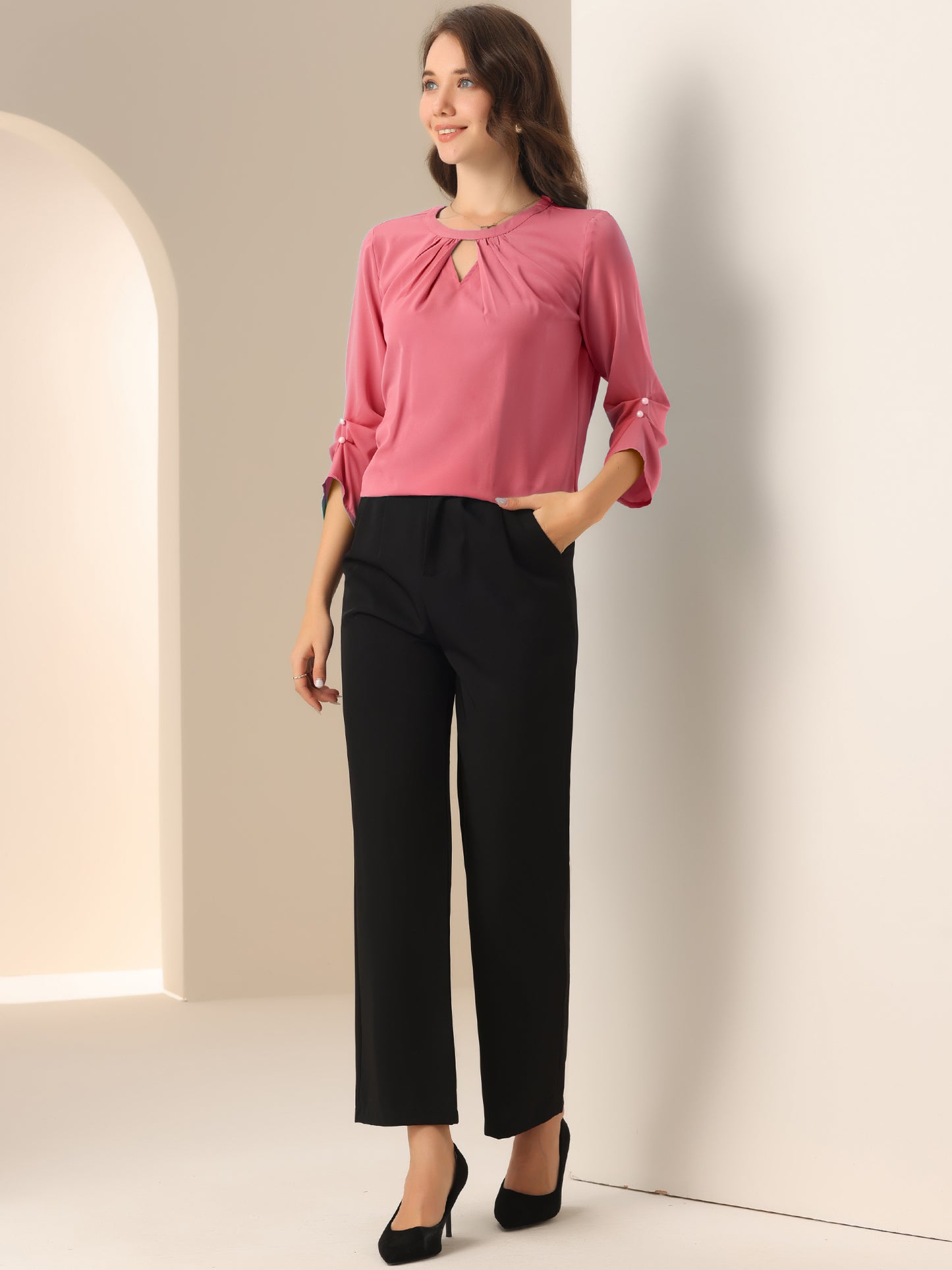 Women's Dressy Work Office Keyhole Pleated Front Ruched 3/4 Sleeve Chiffon Shirt