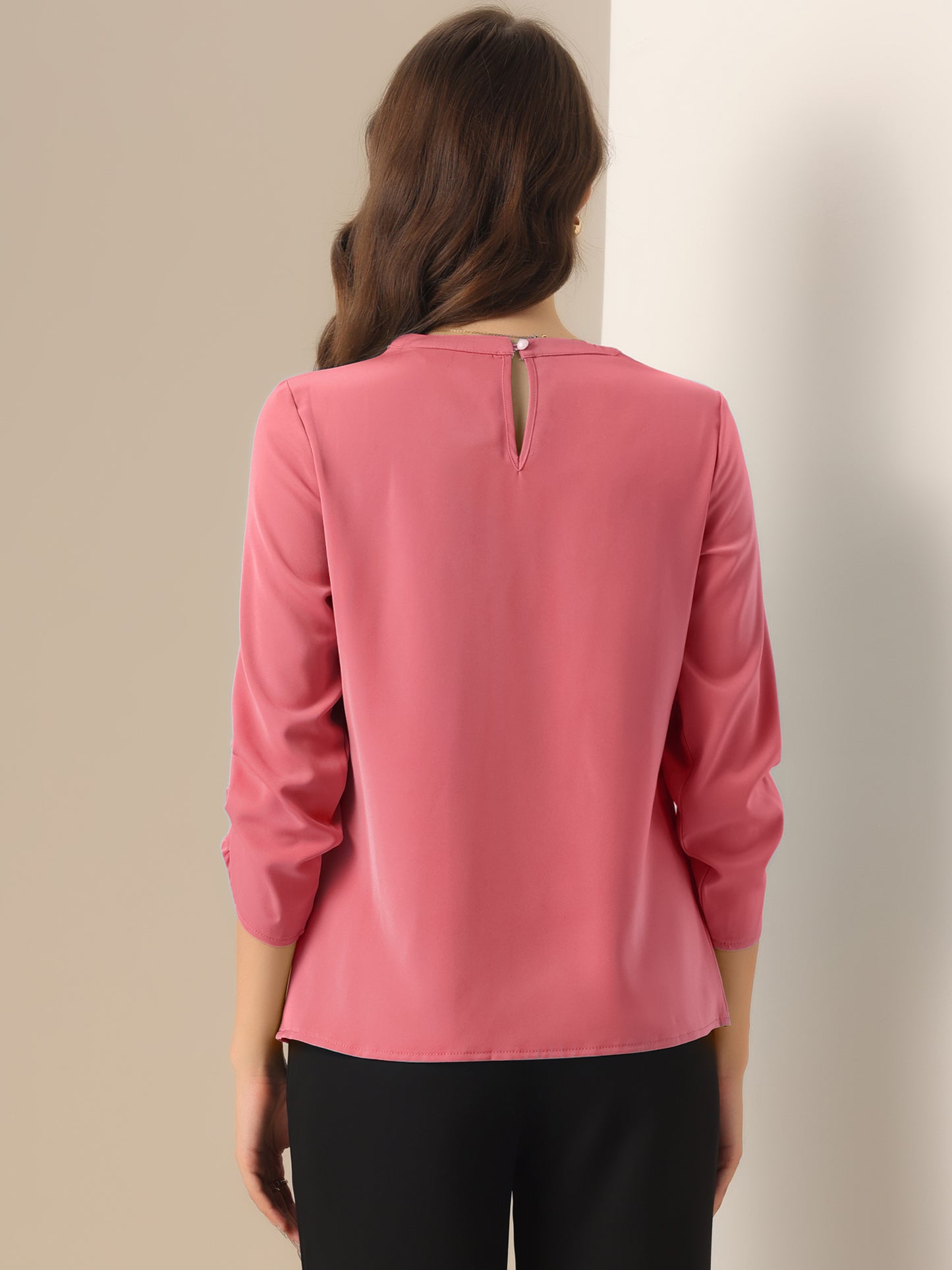 Women's Dressy Work Office Keyhole Pleated Front Ruched 3/4 Sleeve Chiffon Shirt