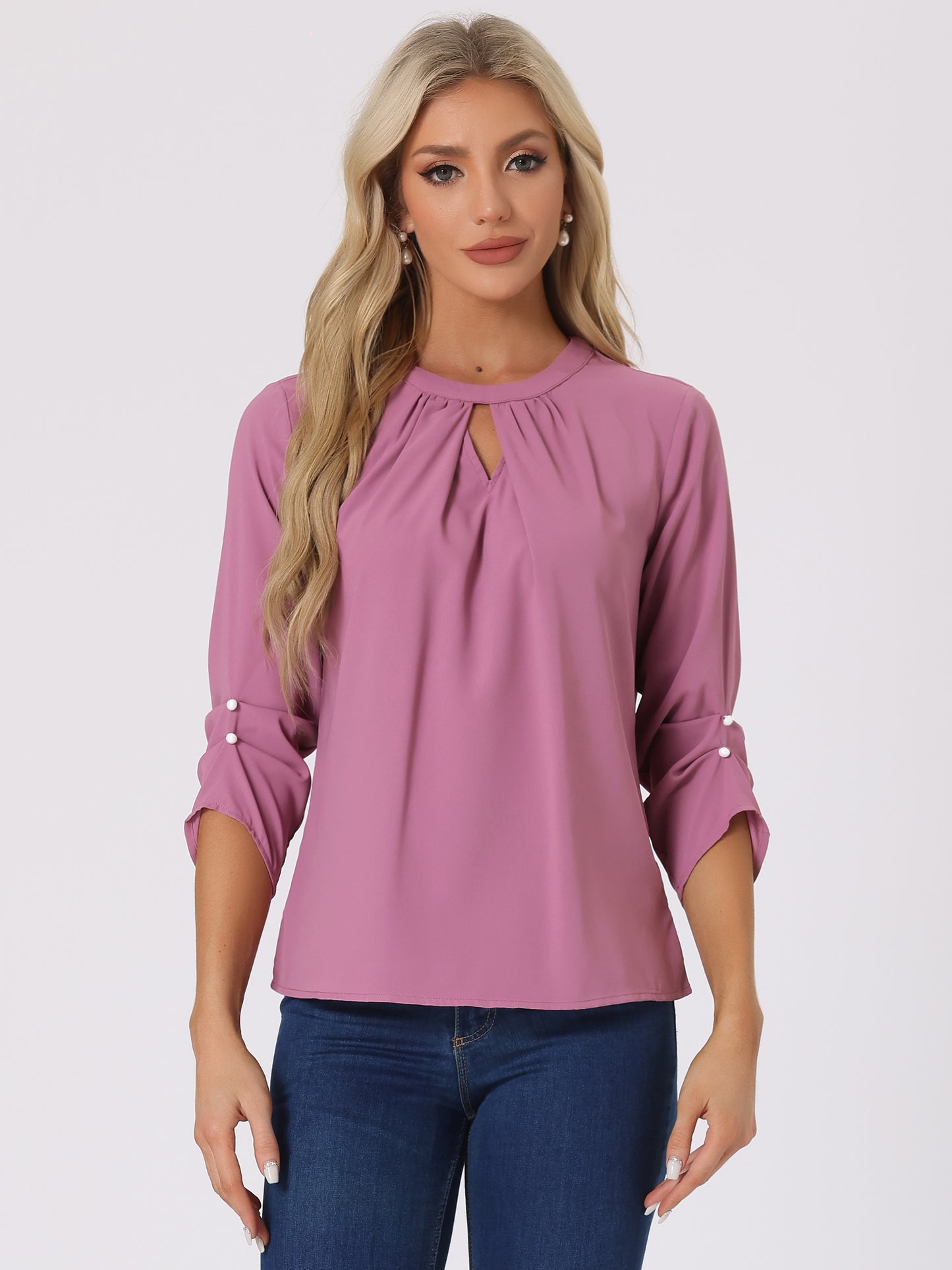 Women's Dressy Work Office Keyhole Pleated Front Ruched 3/4 Sleeve Chiffon Shirt