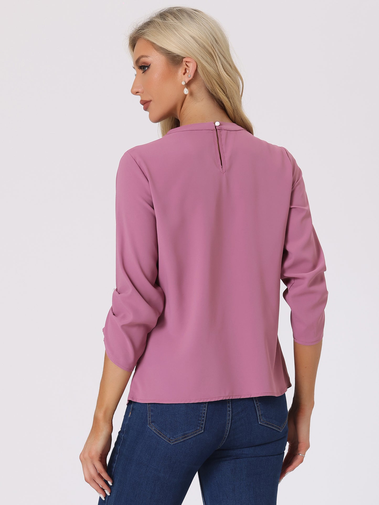 Women's Dressy Work Office Keyhole Pleated Front Ruched 3/4 Sleeve Chiffon Shirt