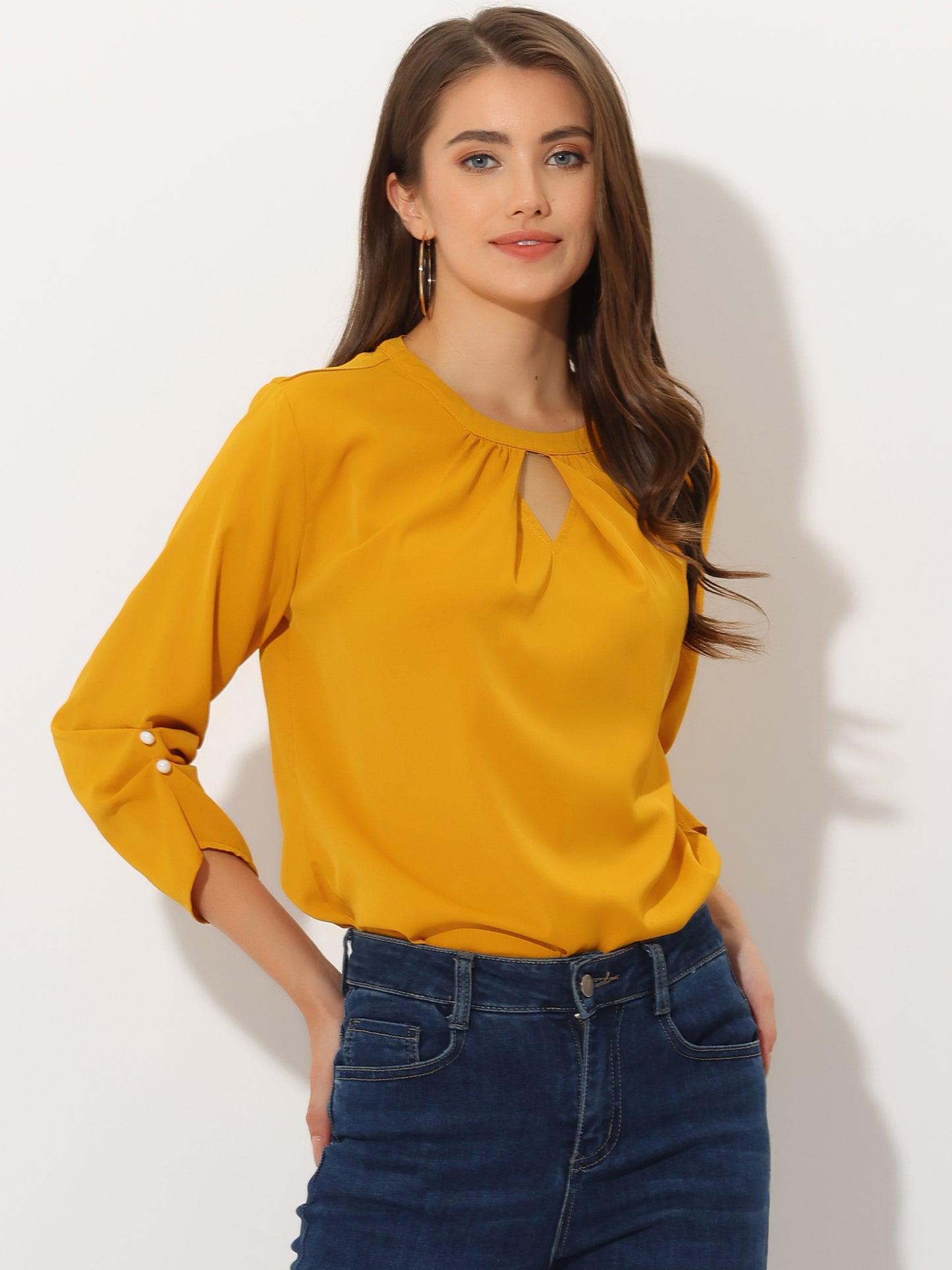 Women's Dressy Work Office Keyhole Pleated Front Ruched 3/4 Sleeve Chiffon Shirt