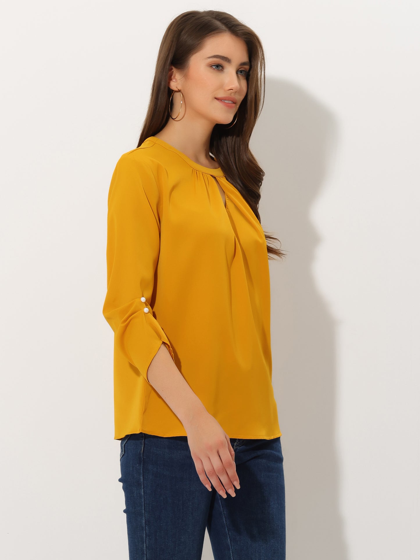Women's Dressy Work Office Keyhole Pleated Front Ruched 3/4 Sleeve Chiffon Shirt