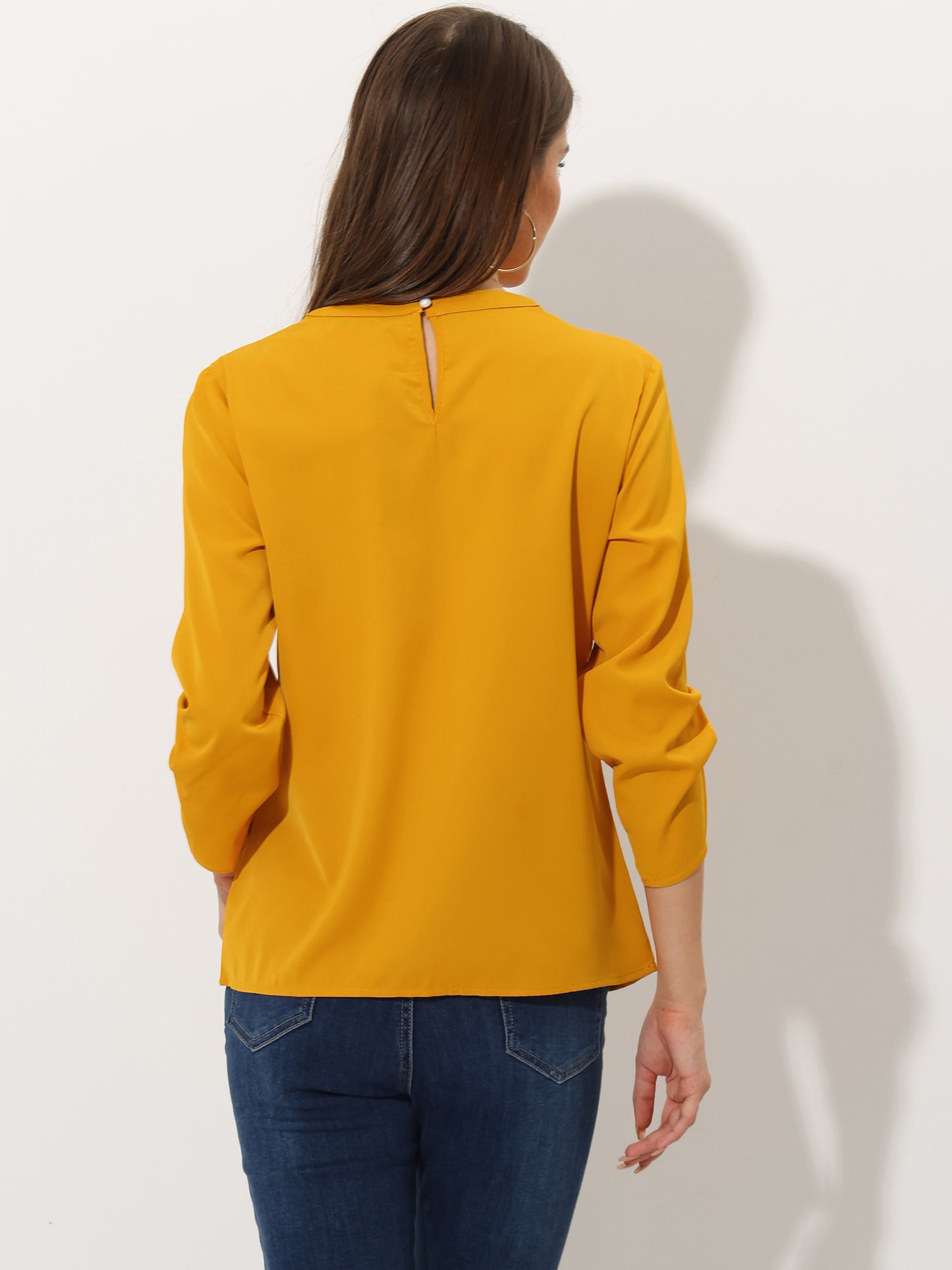 Women's Dressy Work Office Keyhole Pleated Front Ruched 3/4 Sleeve Chiffon Shirt