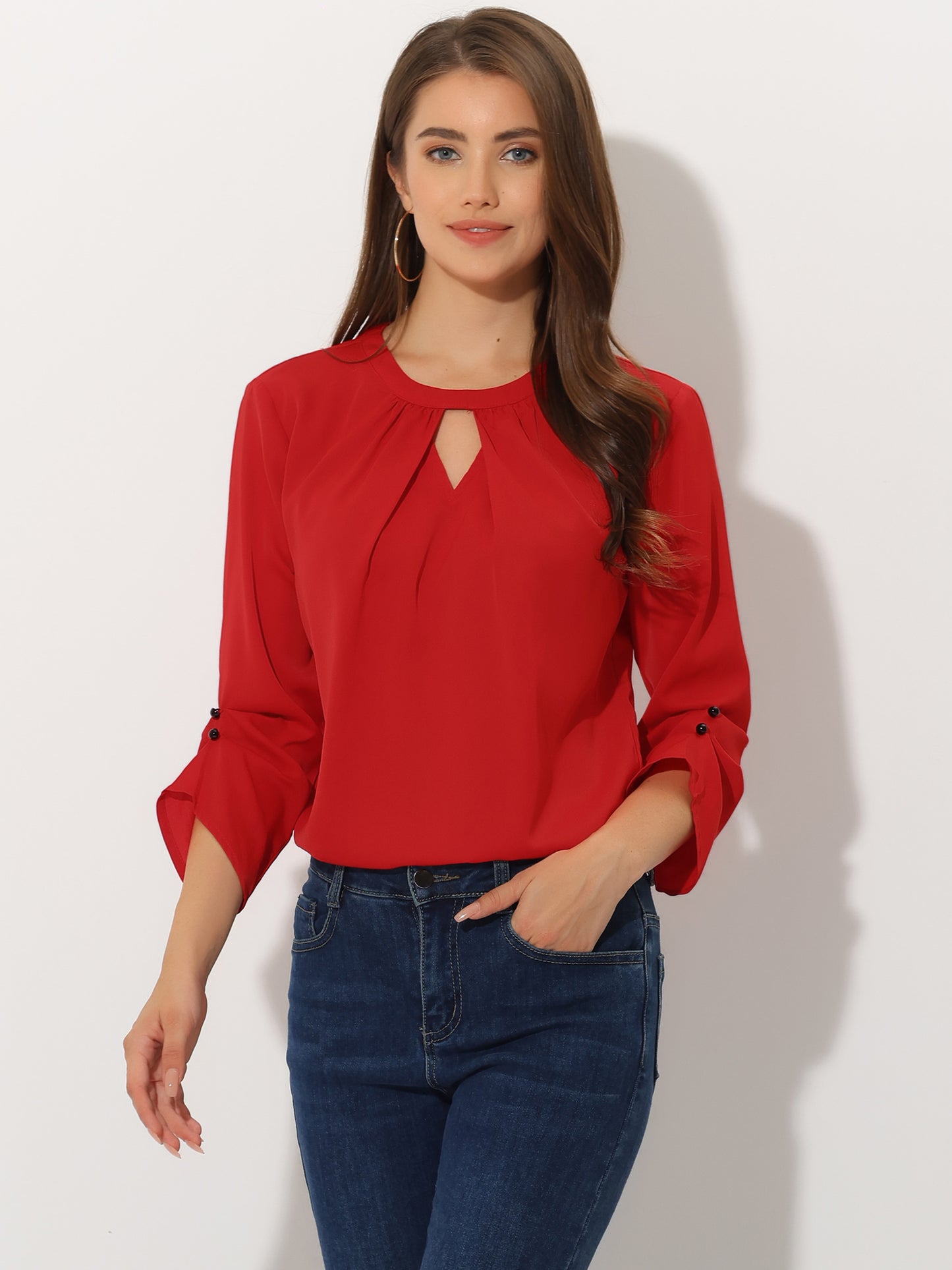 Women's Dressy Work Office Keyhole Pleated Front Ruched 3/4 Sleeve Chiffon Shirt