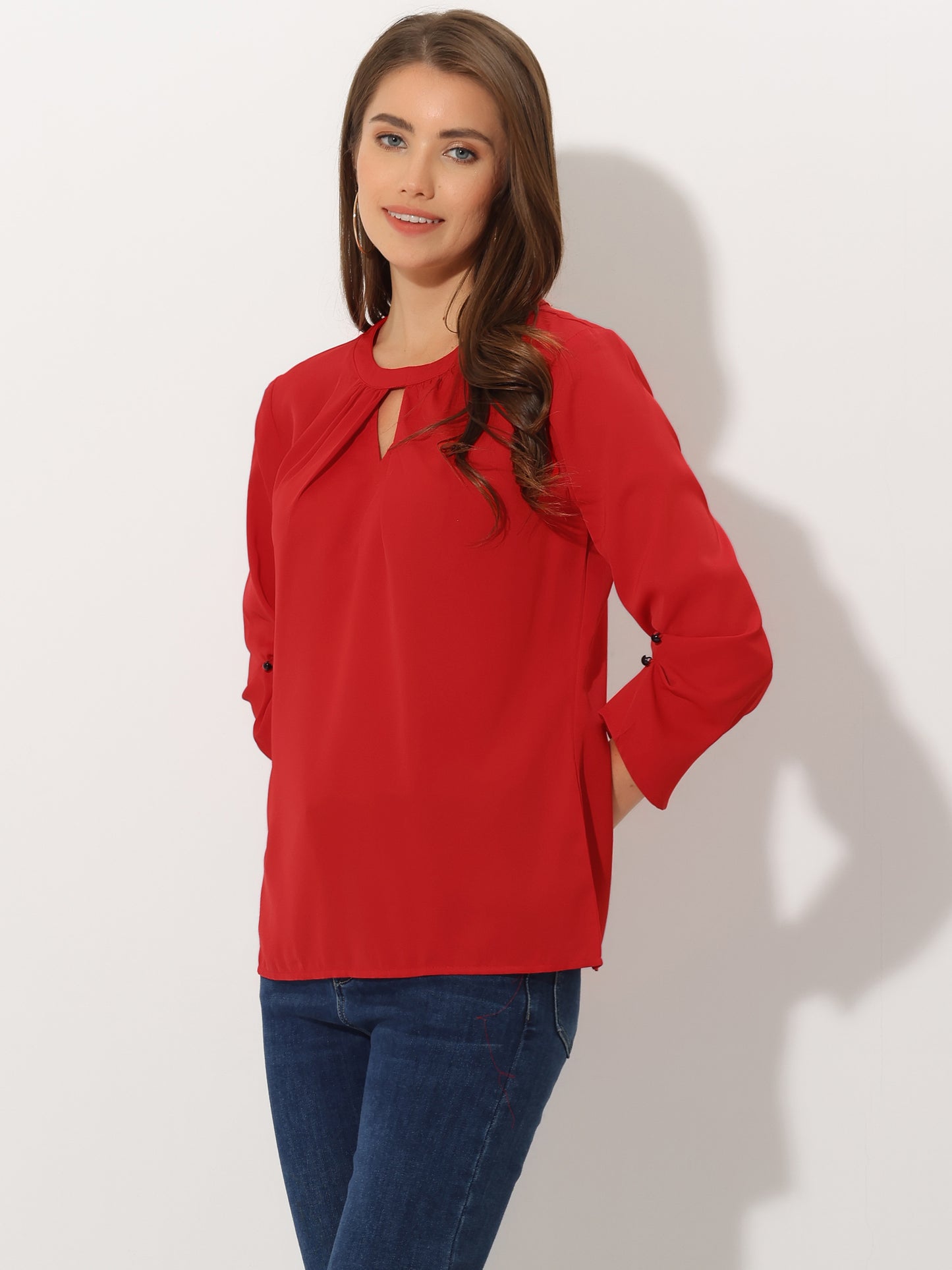 Women's Dressy Work Office Keyhole Pleated Front Ruched 3/4 Sleeve Chiffon Shirt